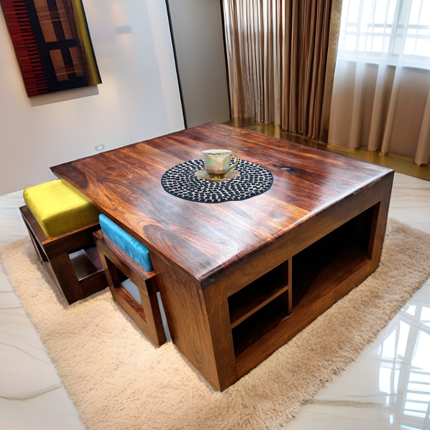 Thalia Solid Sheesham Wood Centre Coffee Table With 4 Stools