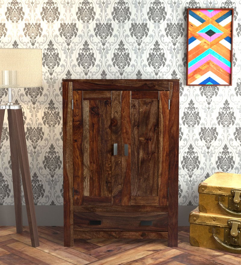 Emboss Solid Wood 2 Door Wardrobe in Provincial Teak Finish