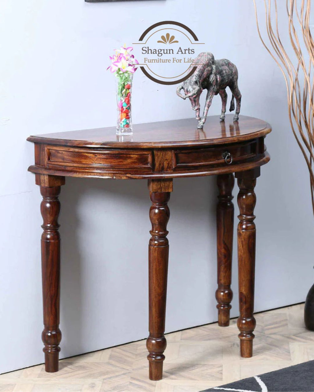 Wooden Half Round Console Table for Living Room