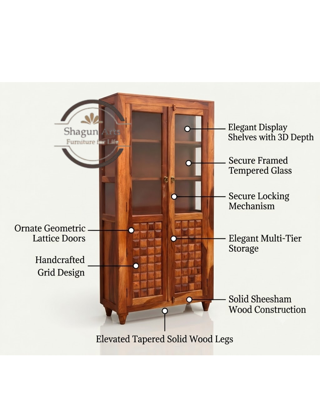 Nyla Solid Sheesham Wood Glass Door Display Cabinet with Storage