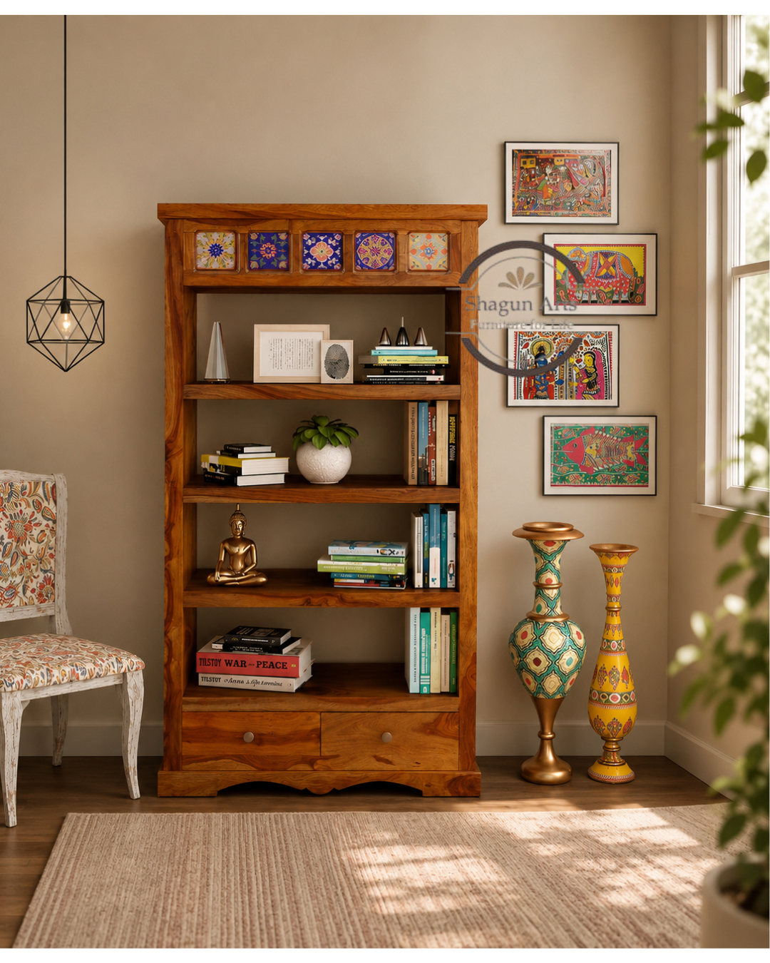Lacey Solid Sheesham Wood Bookshelf with Decorative Tile Accent in Honey Oak Finish