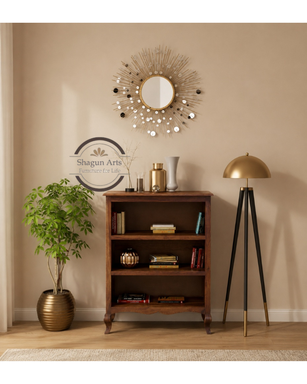 Osias Solid Sheesham Wood Bookshelf with Curved Legs In Provencial Teak Finish