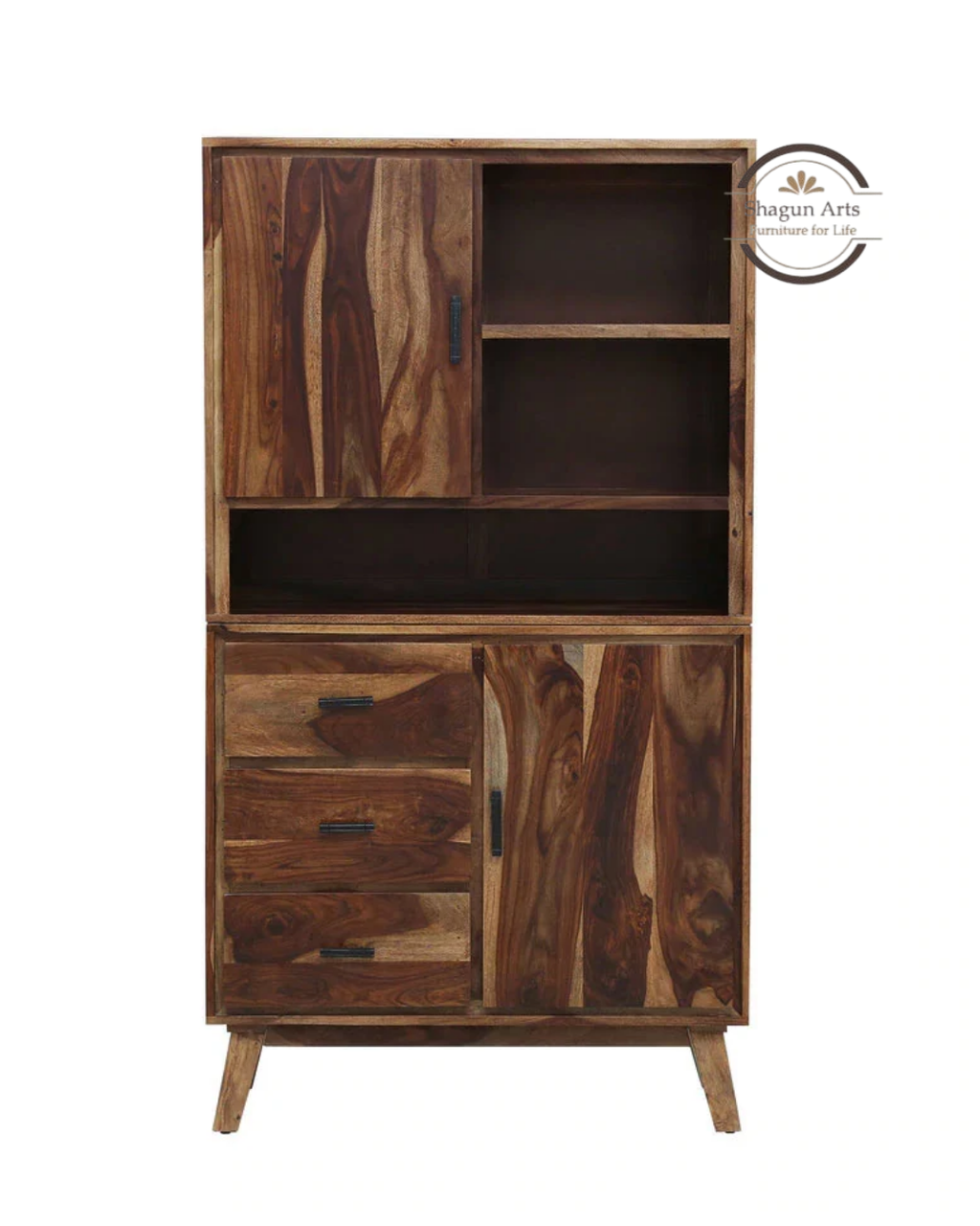Portus Solid Sheesham Wood Multi-Storage Cabinet with Shelves, Drawers & Door In Rustic Teak Finish