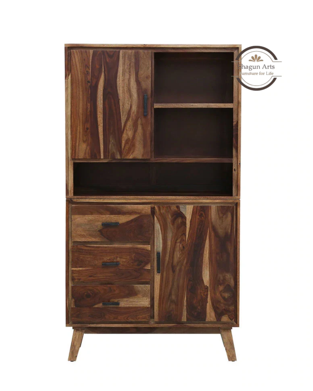 Portus Solid Sheesham Wood Multi-Storage Cabinet with Shelves, Drawers & Door In Rustic Teak Finish
