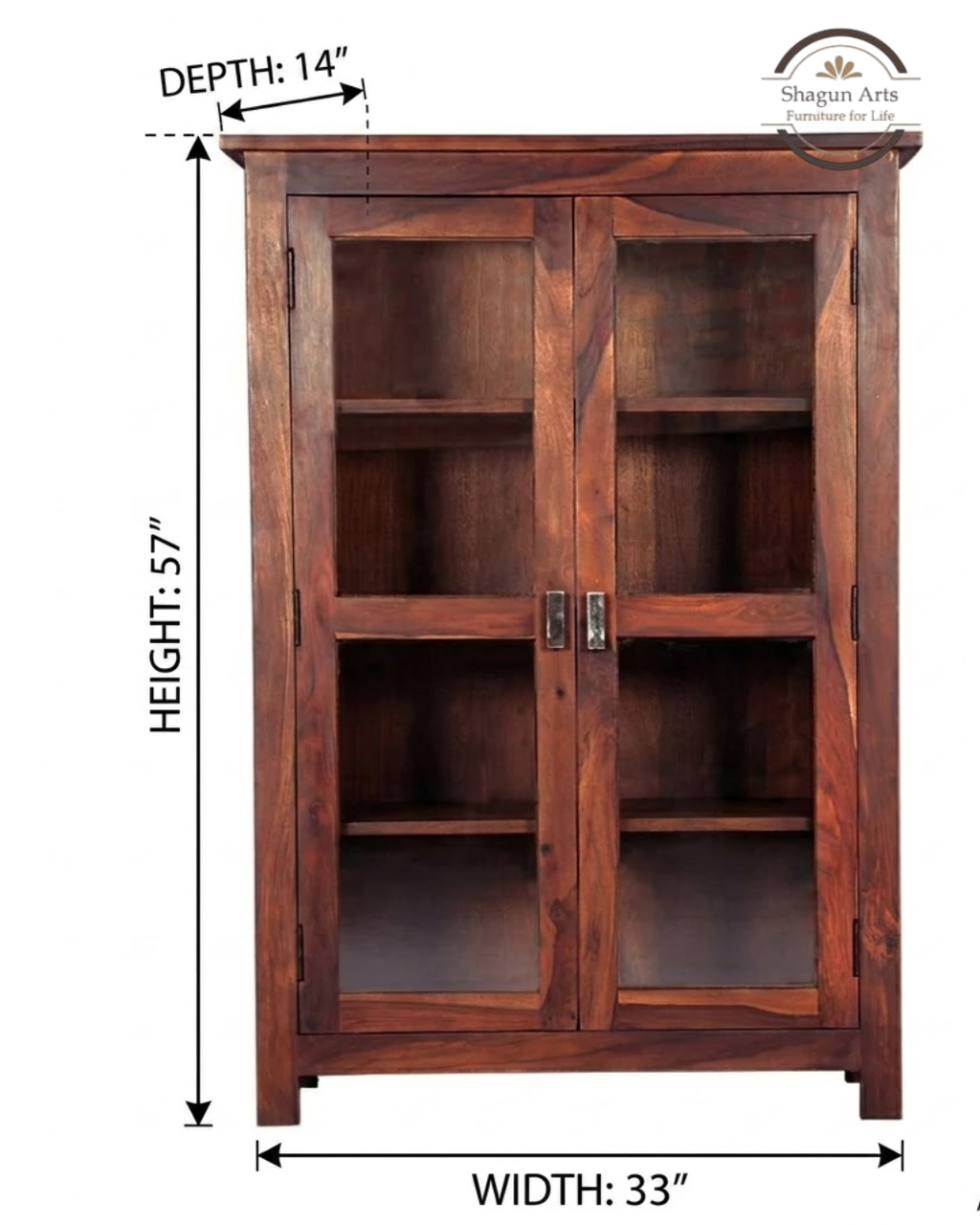 Pietro Tiffany Display Shelf Sheesham Wood 2-Door Display Cabinet in Honey Oak Finish