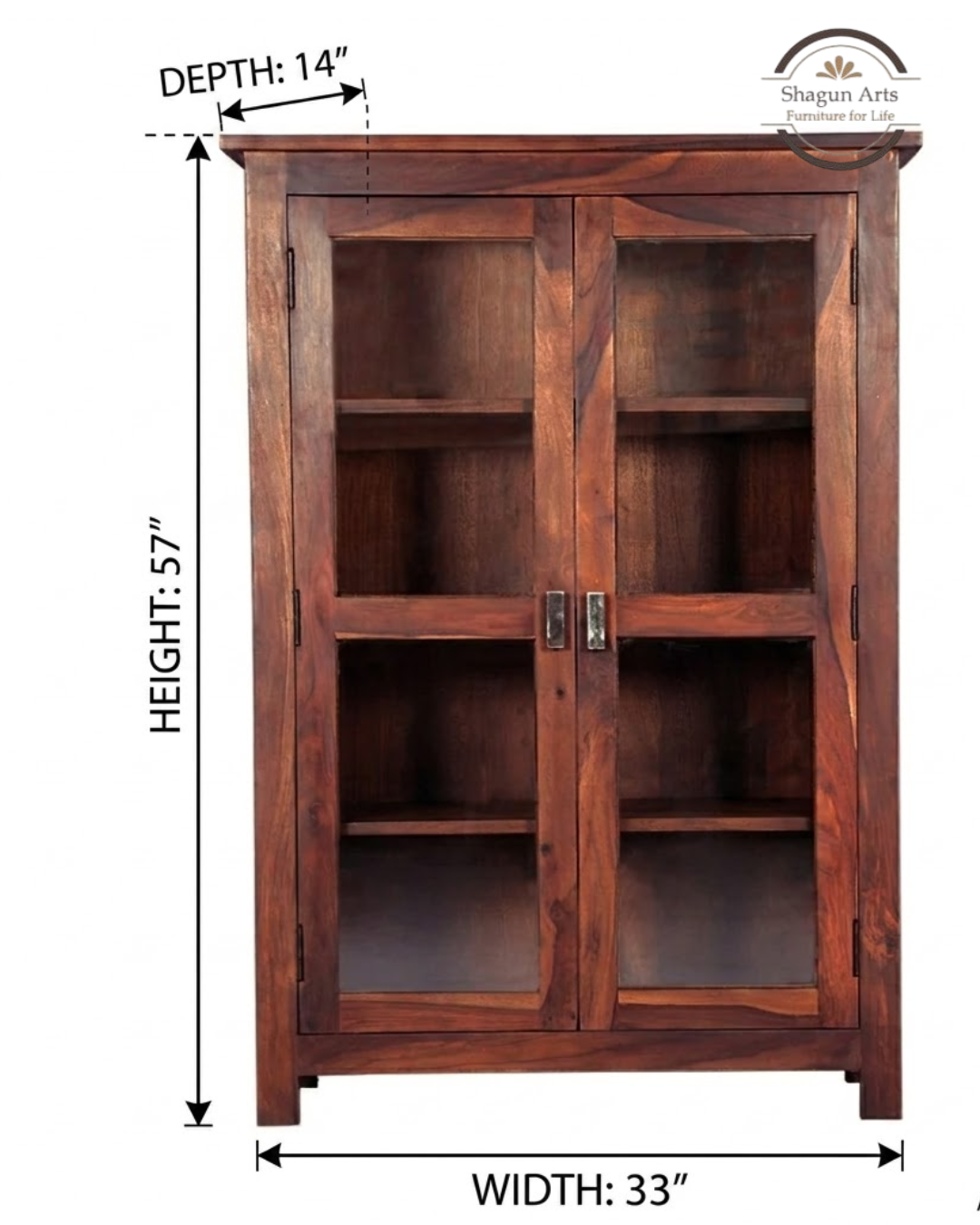 Pietro Tiffany Display Shelf Sheesham Wood 2-Door Display Cabinet in Honey Oak Finish
