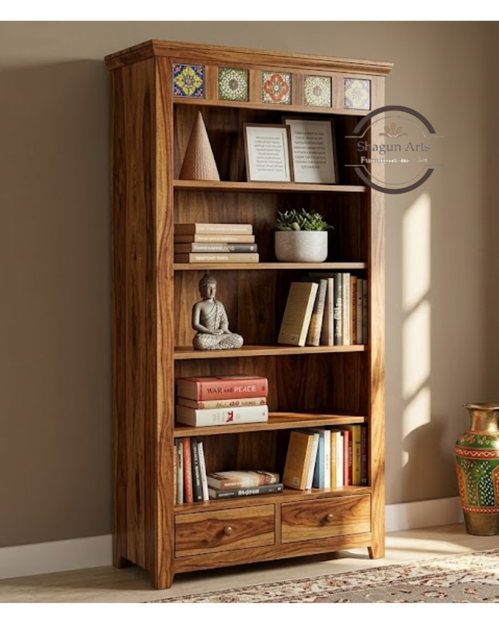 Lacey Solid Sheesham Wood Bookshelf with Decorative Tile Accent in Honey Oak Finish