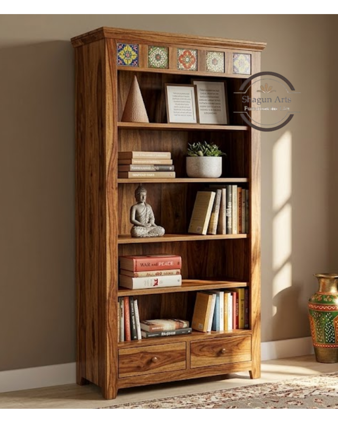 Lacey Solid Sheesham Wood Bookshelf with Decorative Tile Accent in Honey Oak Finish