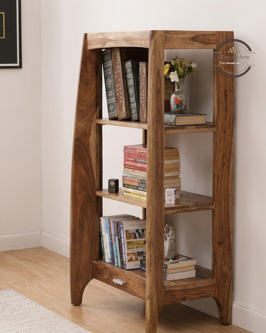 Crossroads Sheesham Wood Bookshelf with Multi-Level Open Storage In Warm Walnut Finish