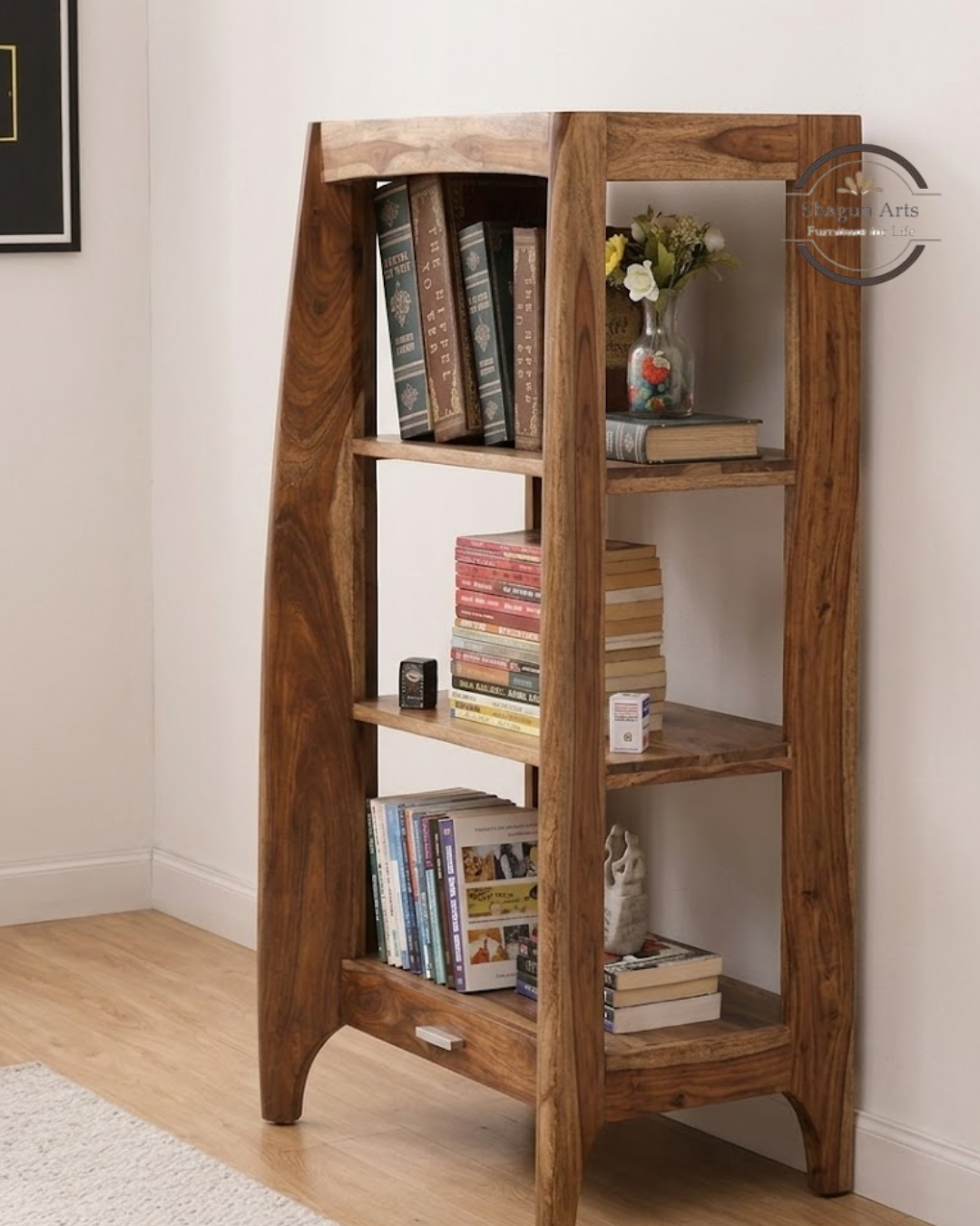 Crossroads Sheesham Wood Bookshelf with Multi-Level Open Storage In Warm Walnut Finish