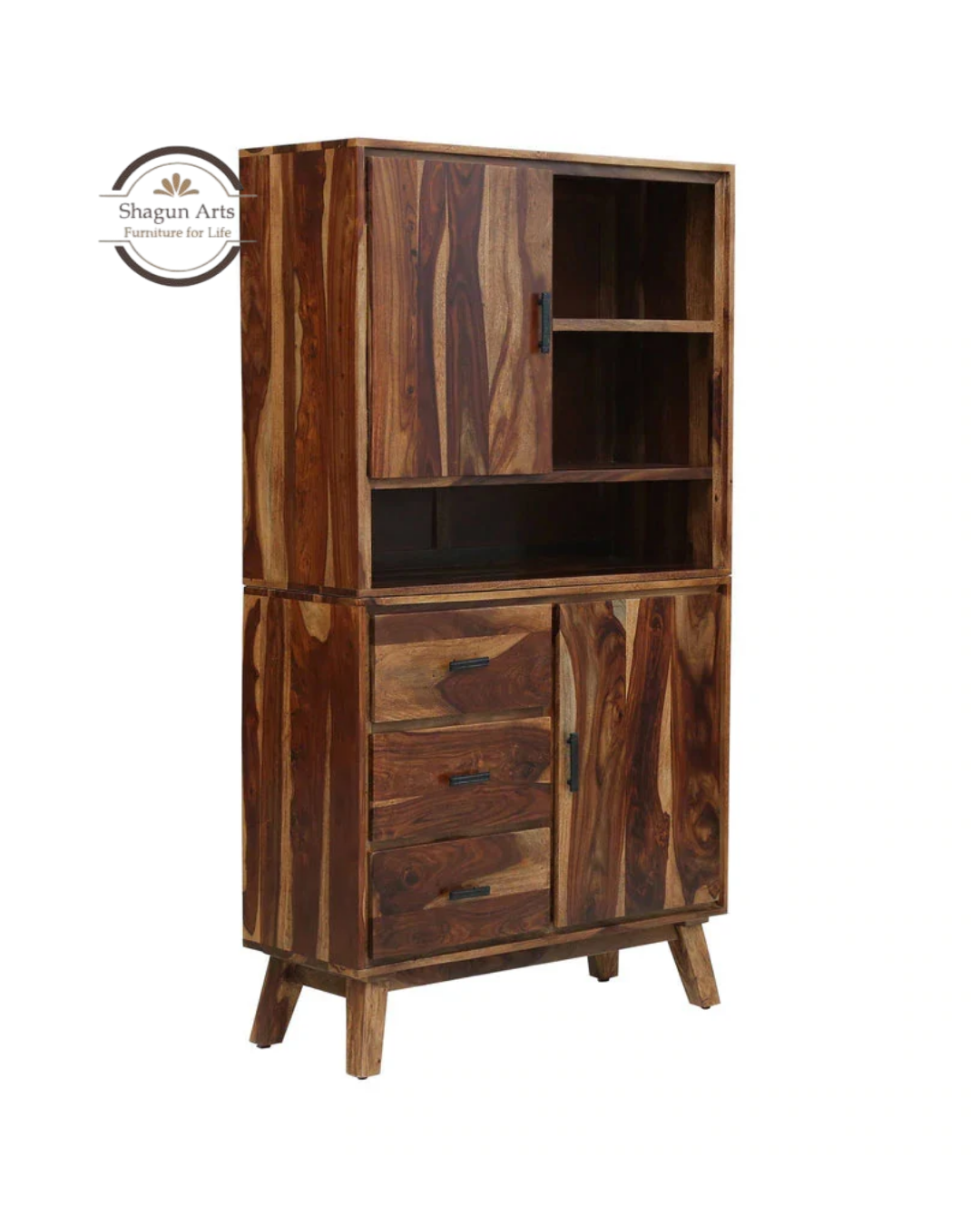 Portus Solid Sheesham Wood Multi-Storage Cabinet with Shelves, Drawers & Door In Rustic Teak Finish