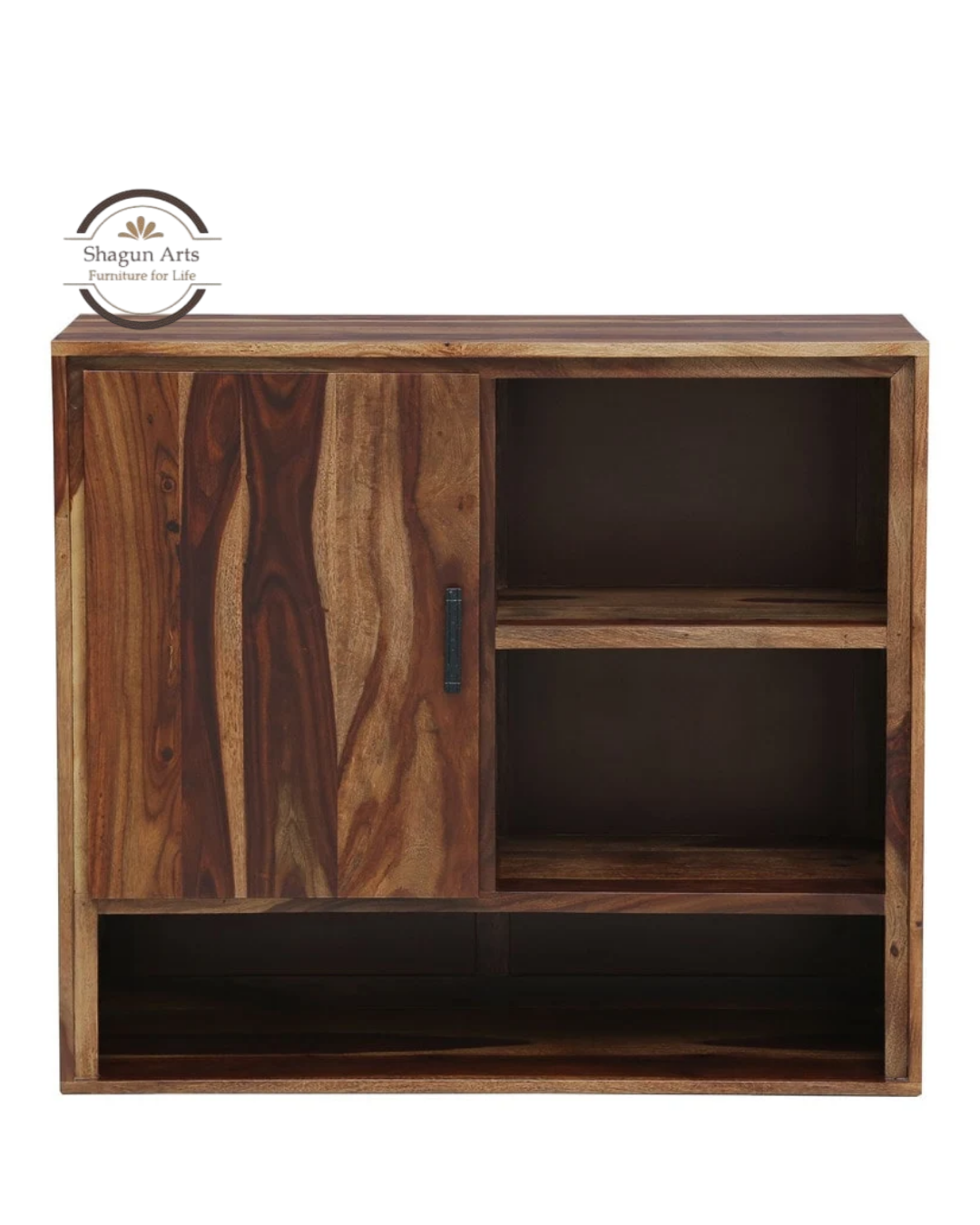 Portus Solid Sheesham Wood Multi-Storage Cabinet with Shelves, Drawers & Door In Rustic Teak Finish