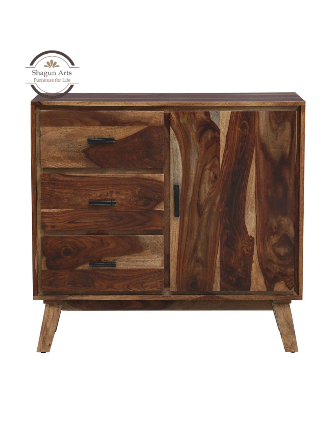 Portus Solid Sheesham Wood Multi-Storage Cabinet with Shelves, Drawers & Door In Rustic Teak Finish