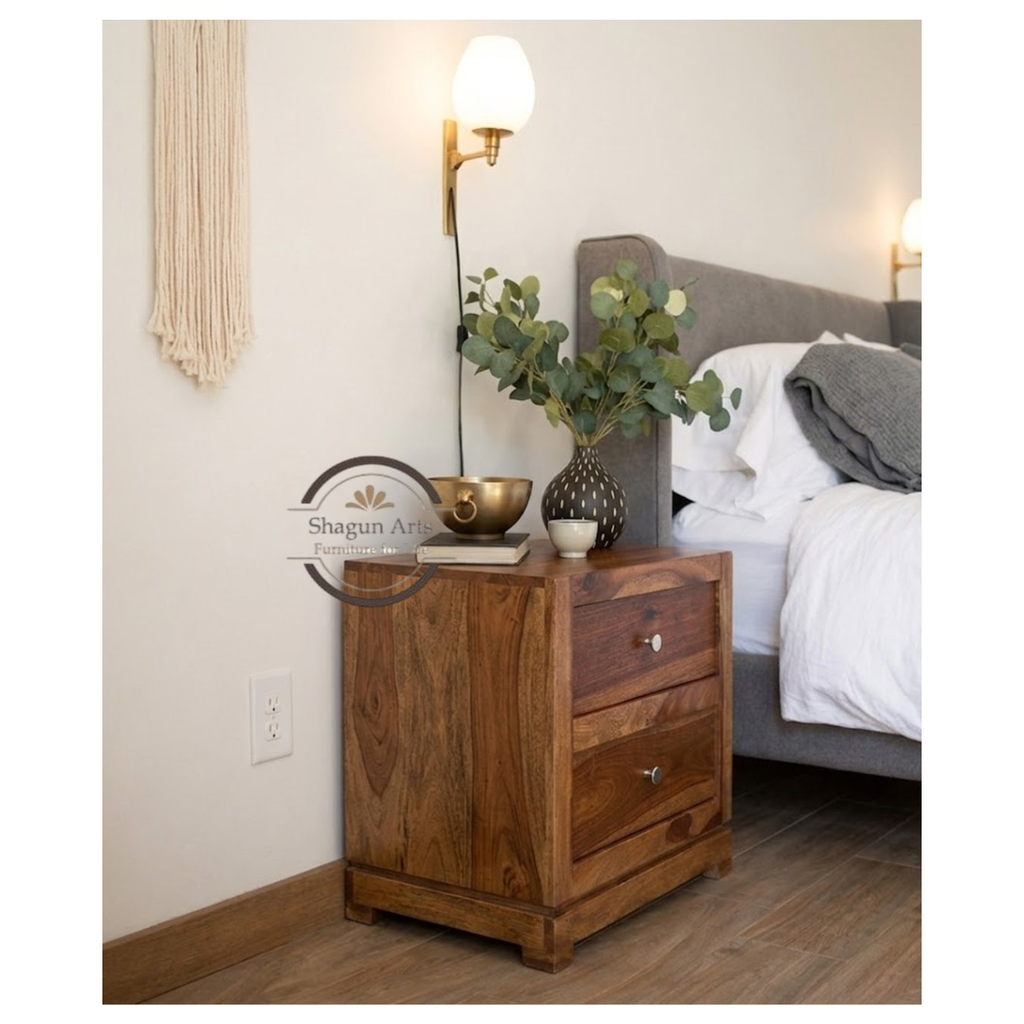 Solid Sheesham Wood Bedside Table with 2 Drawers | Modern Wooden Nightstand | Rustic Teak Finish