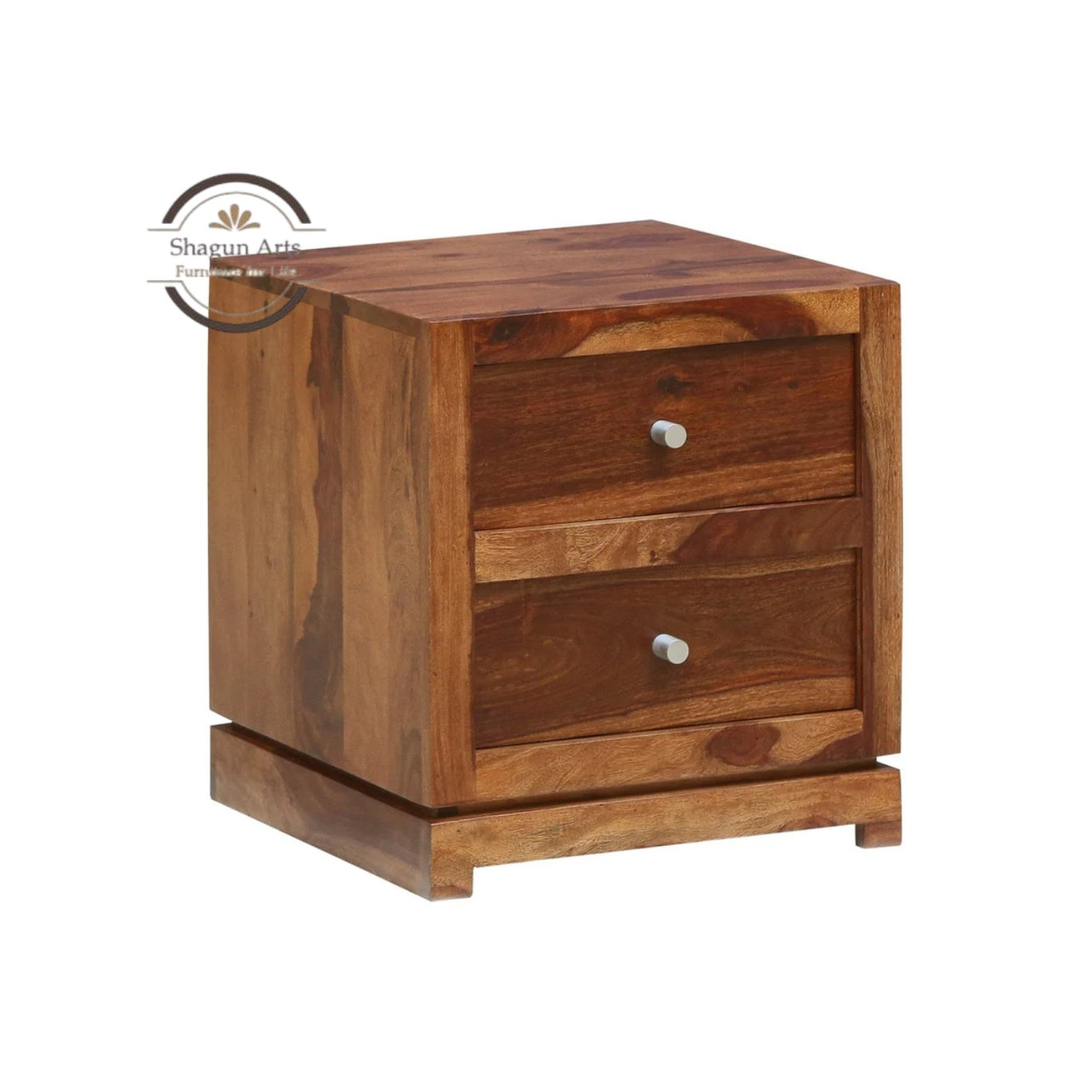Solid Sheesham Wood Bedside Table with 2 Drawers | Modern Wooden Nightstand | Rustic Teak Finish