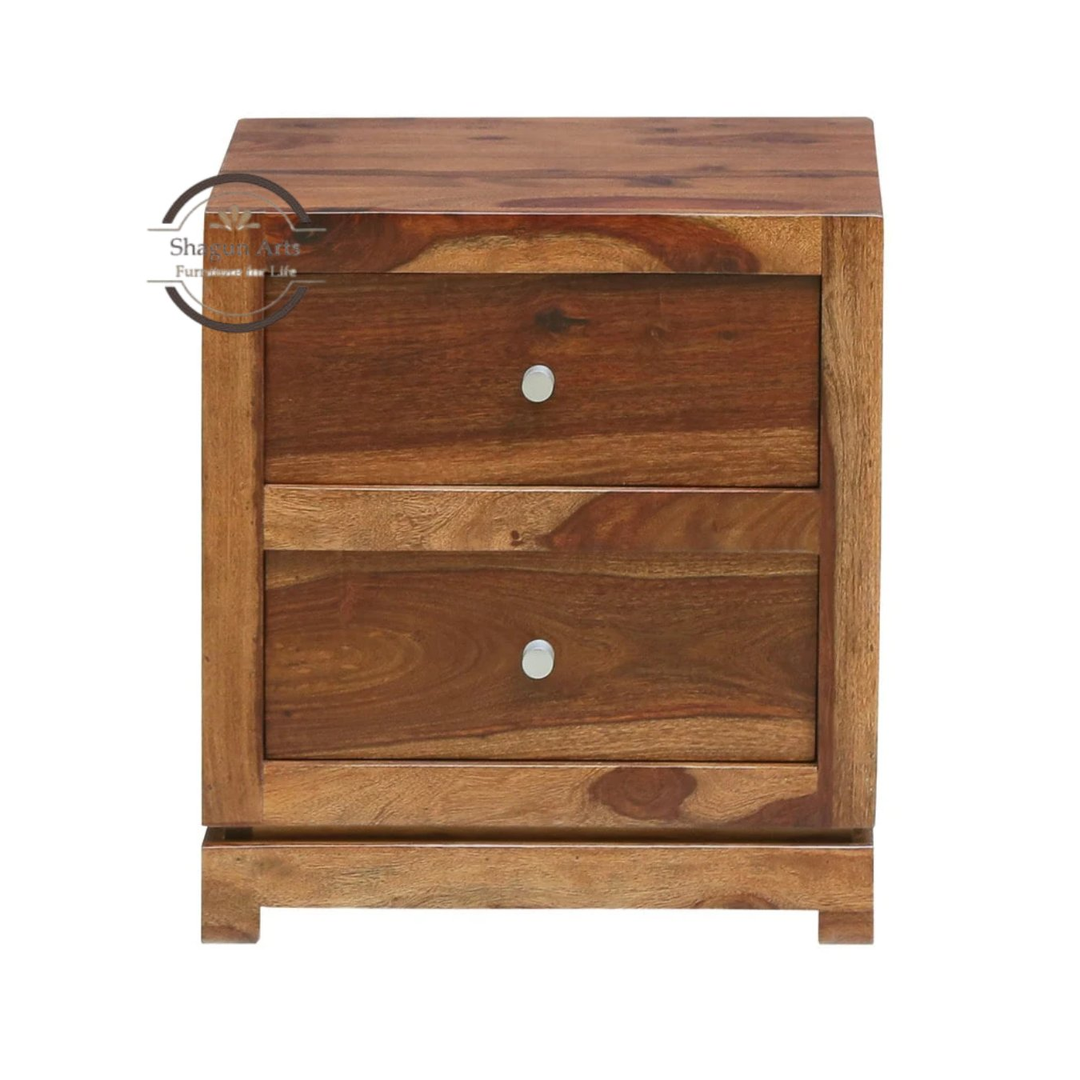 Solid Sheesham Wood Bedside Table with 2 Drawers | Modern Wooden Nightstand | Rustic Teak Finish