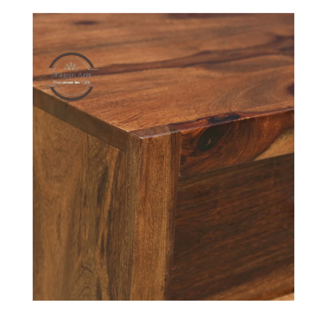 Solid Sheesham Wood Bedside Table with 2 Drawers | Modern Wooden Nightstand | Rustic Teak Finish
