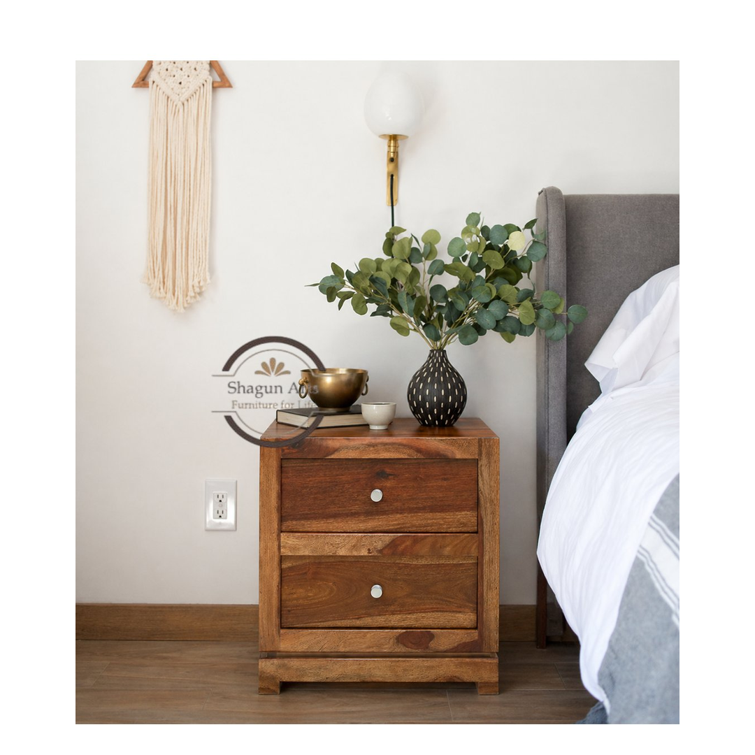 Solid Sheesham Wood Bedside Table with 2 Drawers | Modern Wooden Nightstand | Rustic Teak Finish