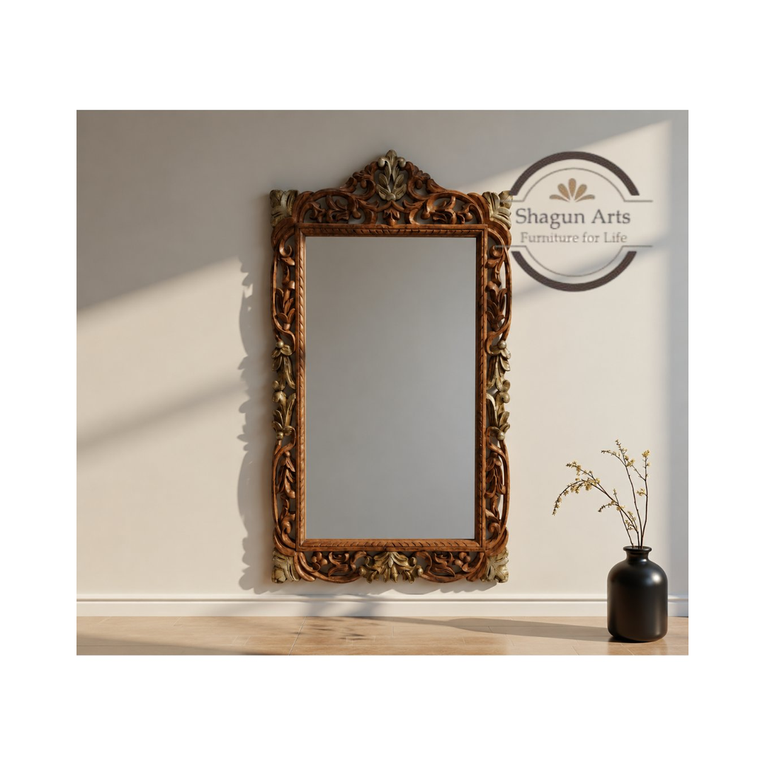 Handcrafted Ornate Carved Wooden Wall Mirror