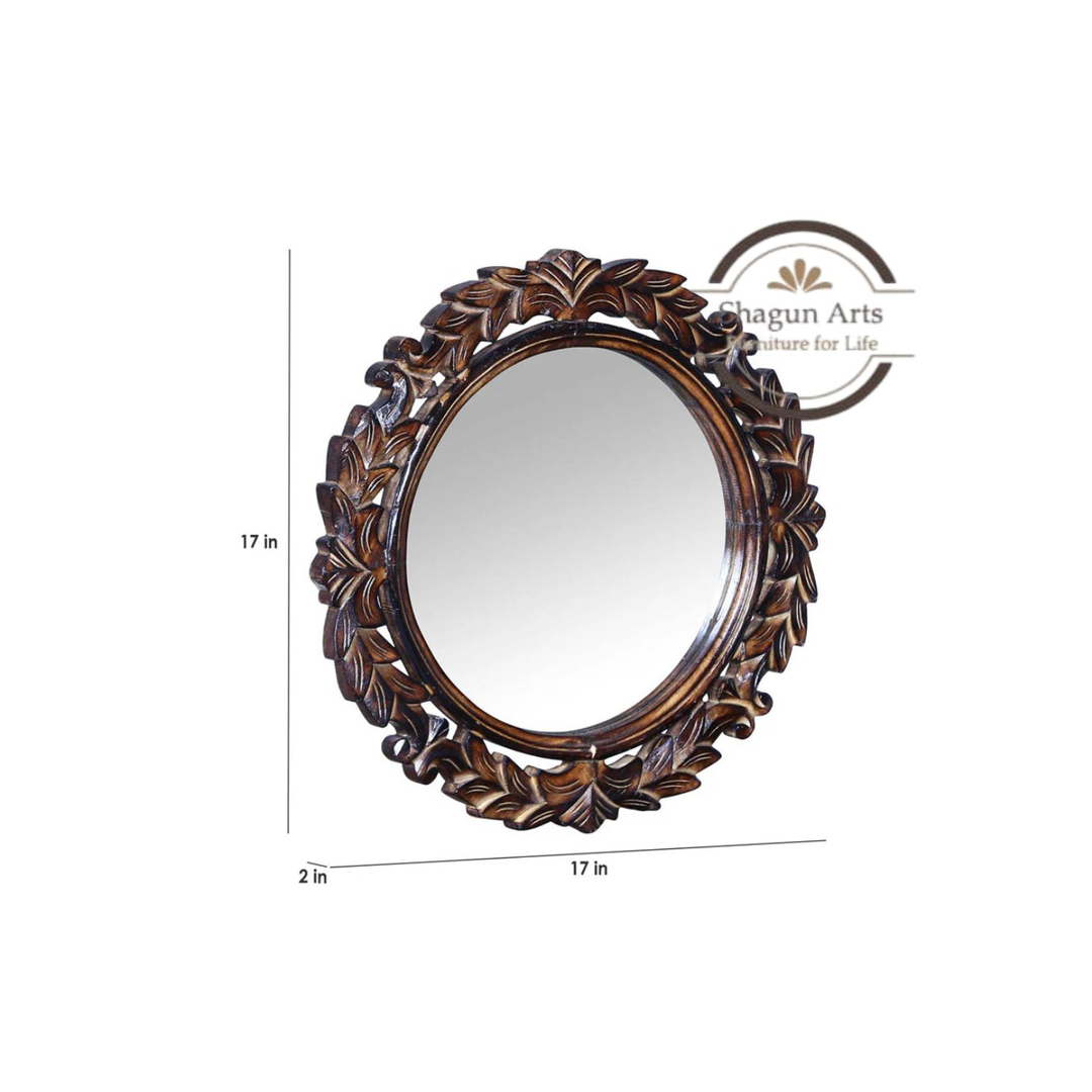 Handcrafted Round Floral Carved Wooden Wall Mirror