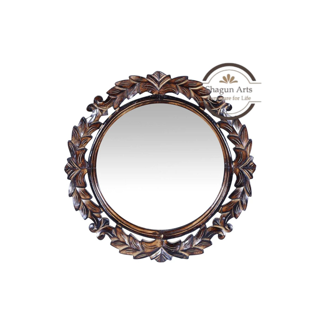 Handcrafted Round Floral Carved Wooden Wall Mirror