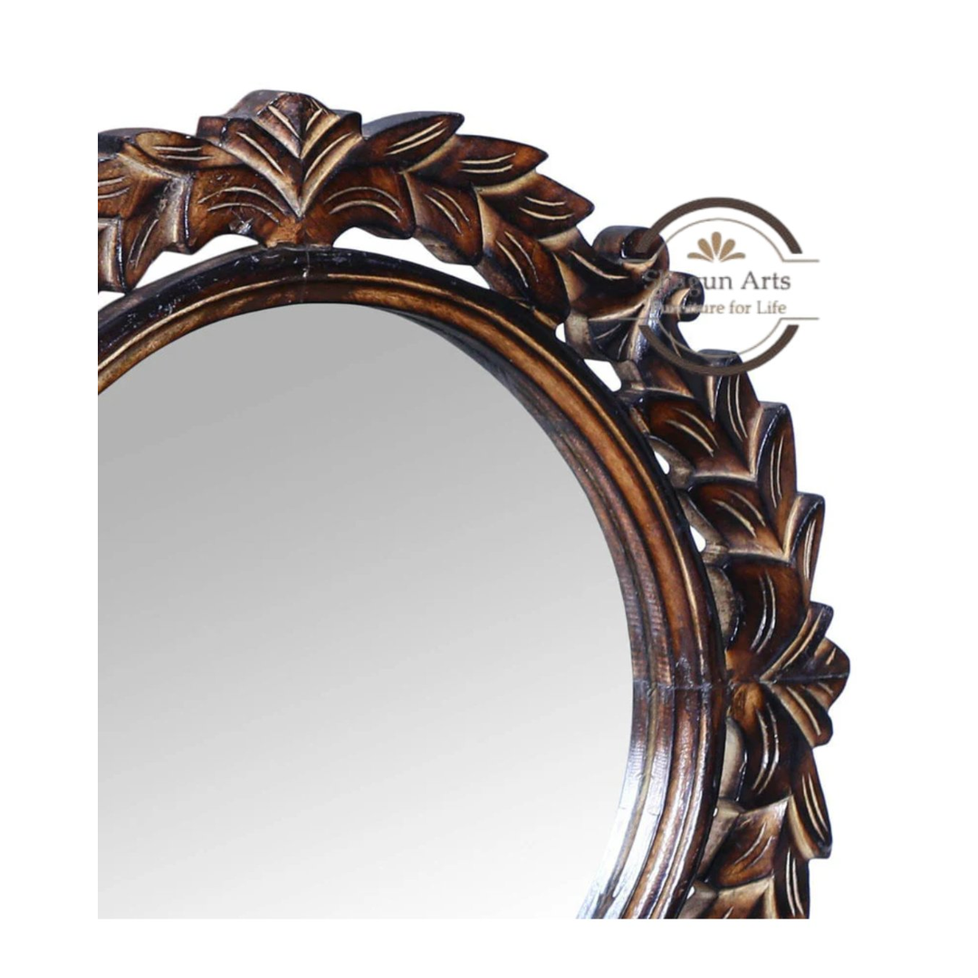 Handcrafted Round Floral Carved Wooden Wall Mirror