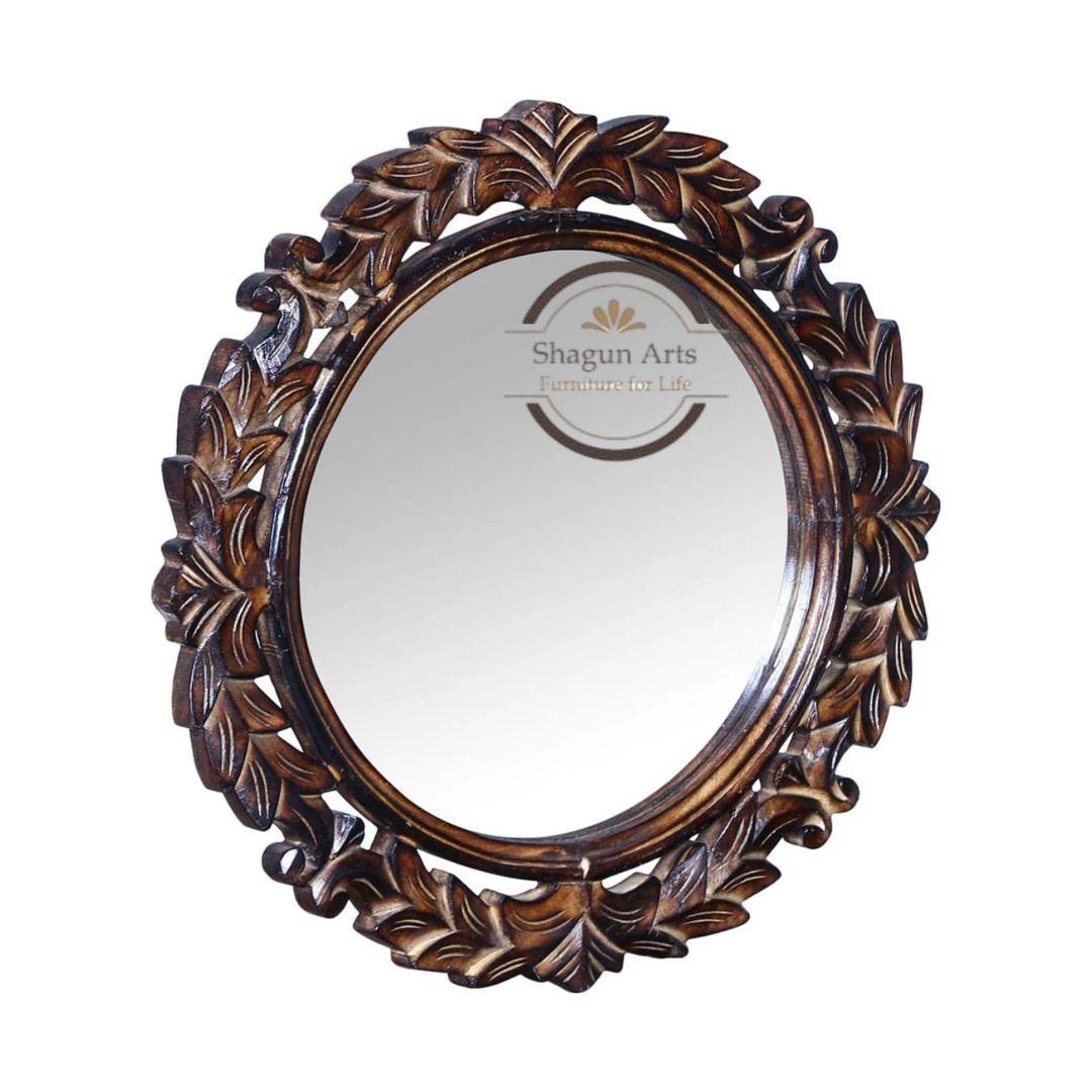 Handcrafted Round Floral Carved Wooden Wall Mirror
