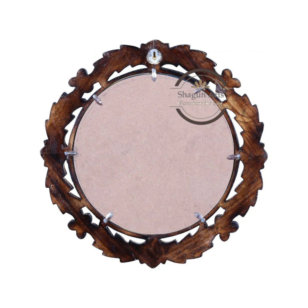 Handcrafted Round Floral Carved Wooden Wall Mirror