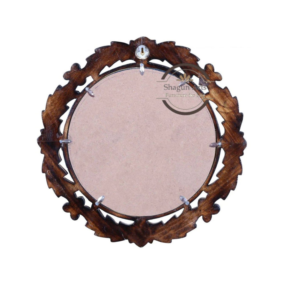 Handcrafted Round Floral Carved Wooden Wall Mirror