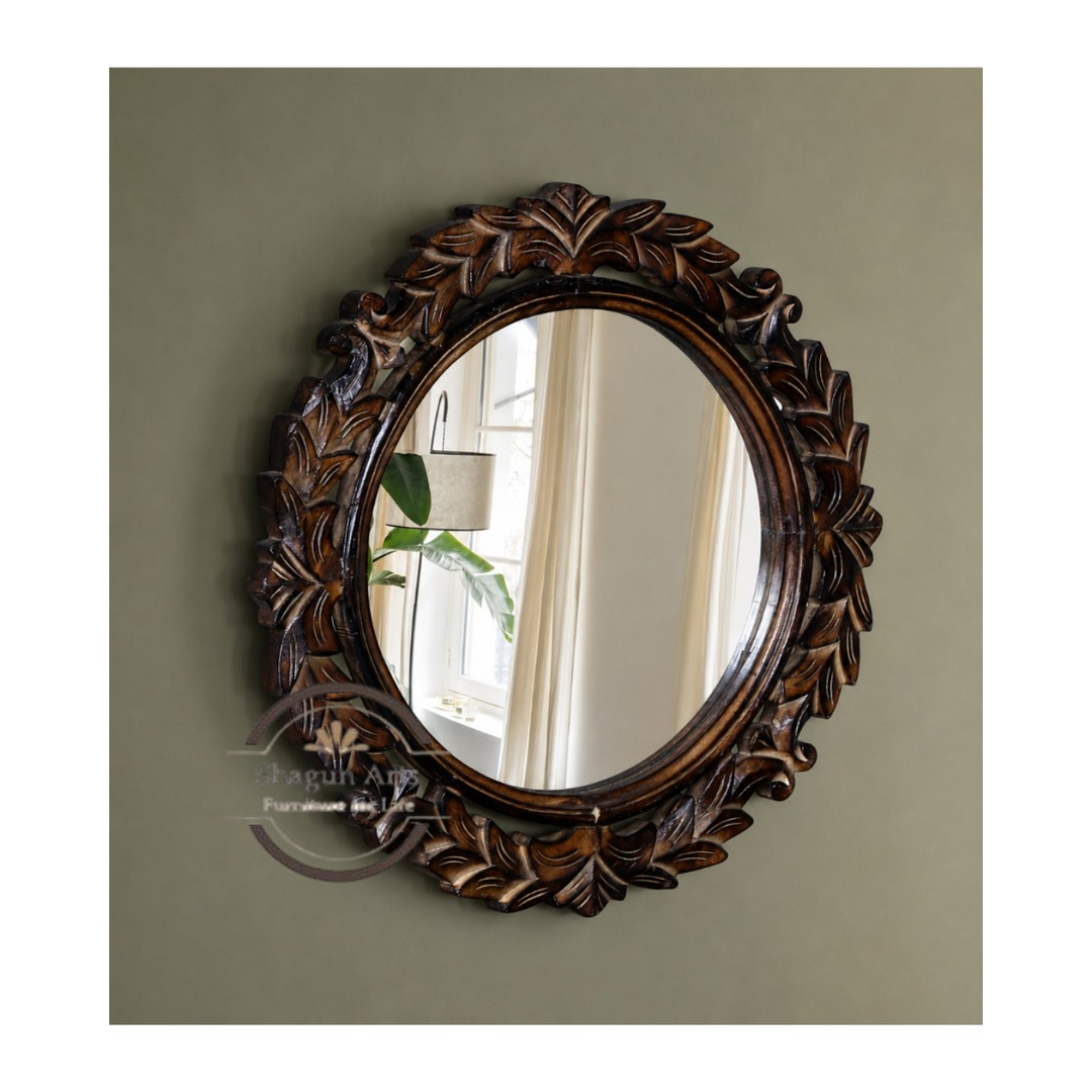 Handcrafted Round Floral Carved Wooden Wall Mirror