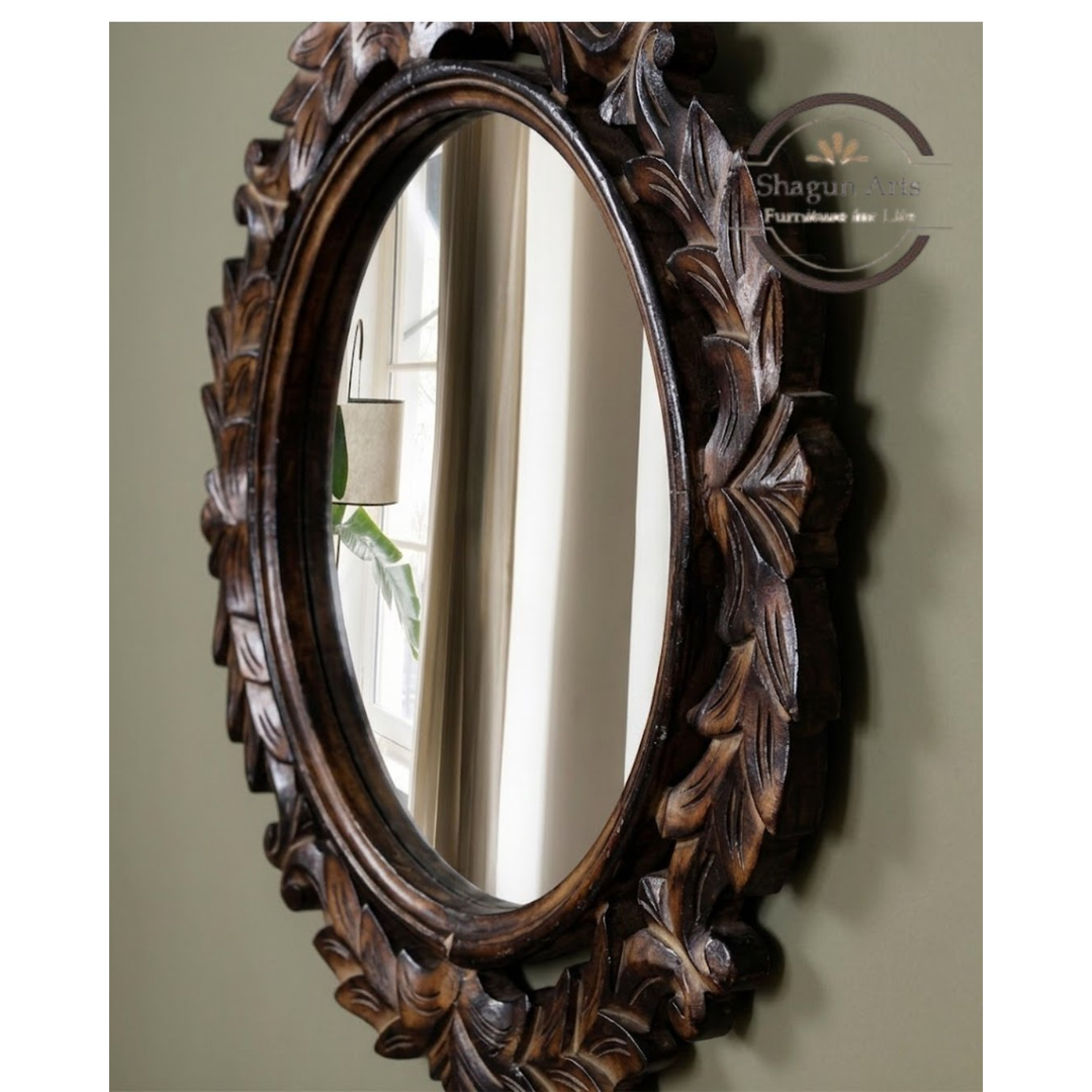 Handcrafted Round Floral Carved Wooden Wall Mirror