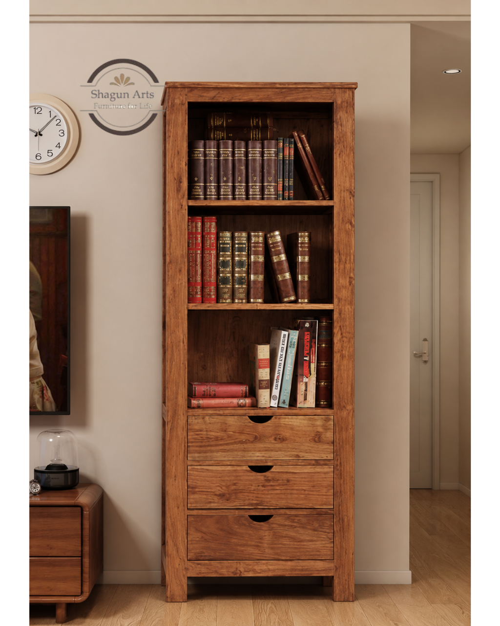 Hayao Solid Sheesham Wood Bookshelf with 3 Drawers