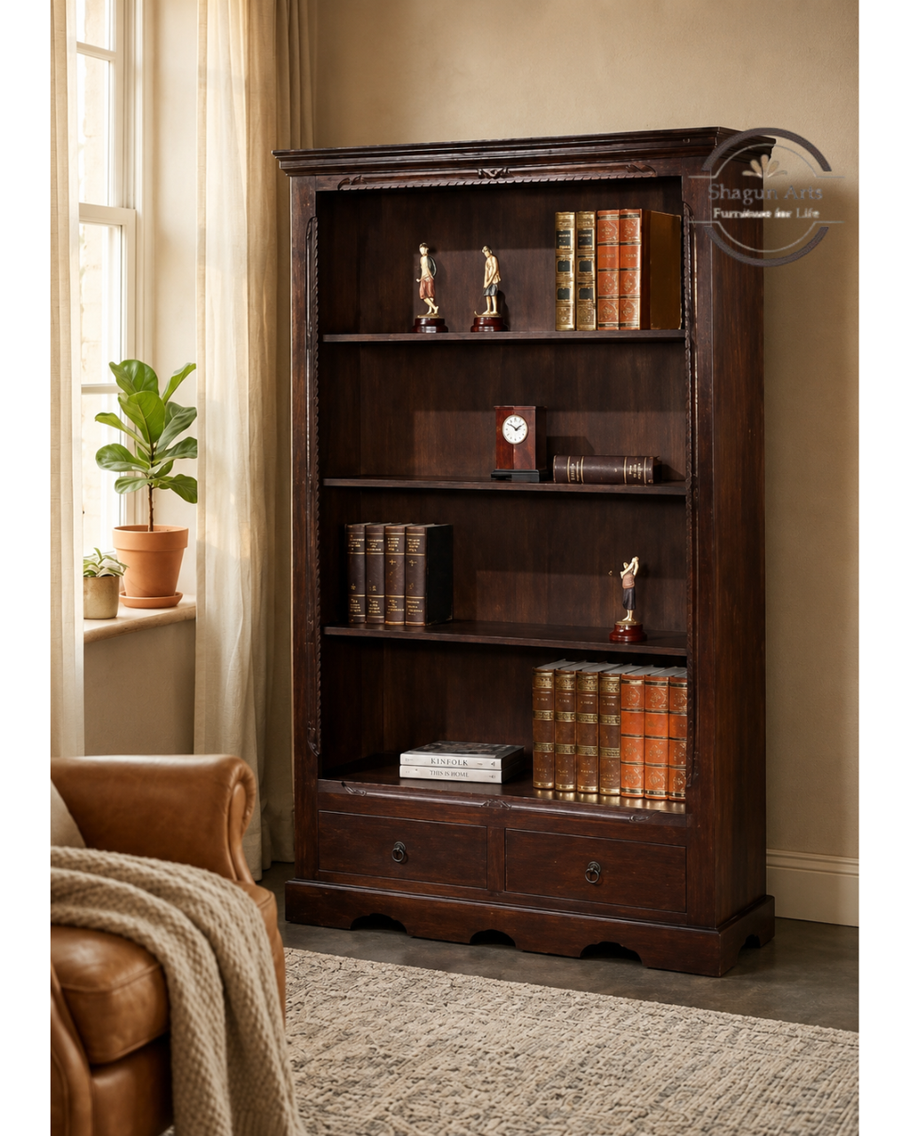 Bartolo Solid Sheesham Wood Bookshelf with two Drawer in Honey Oak Finish