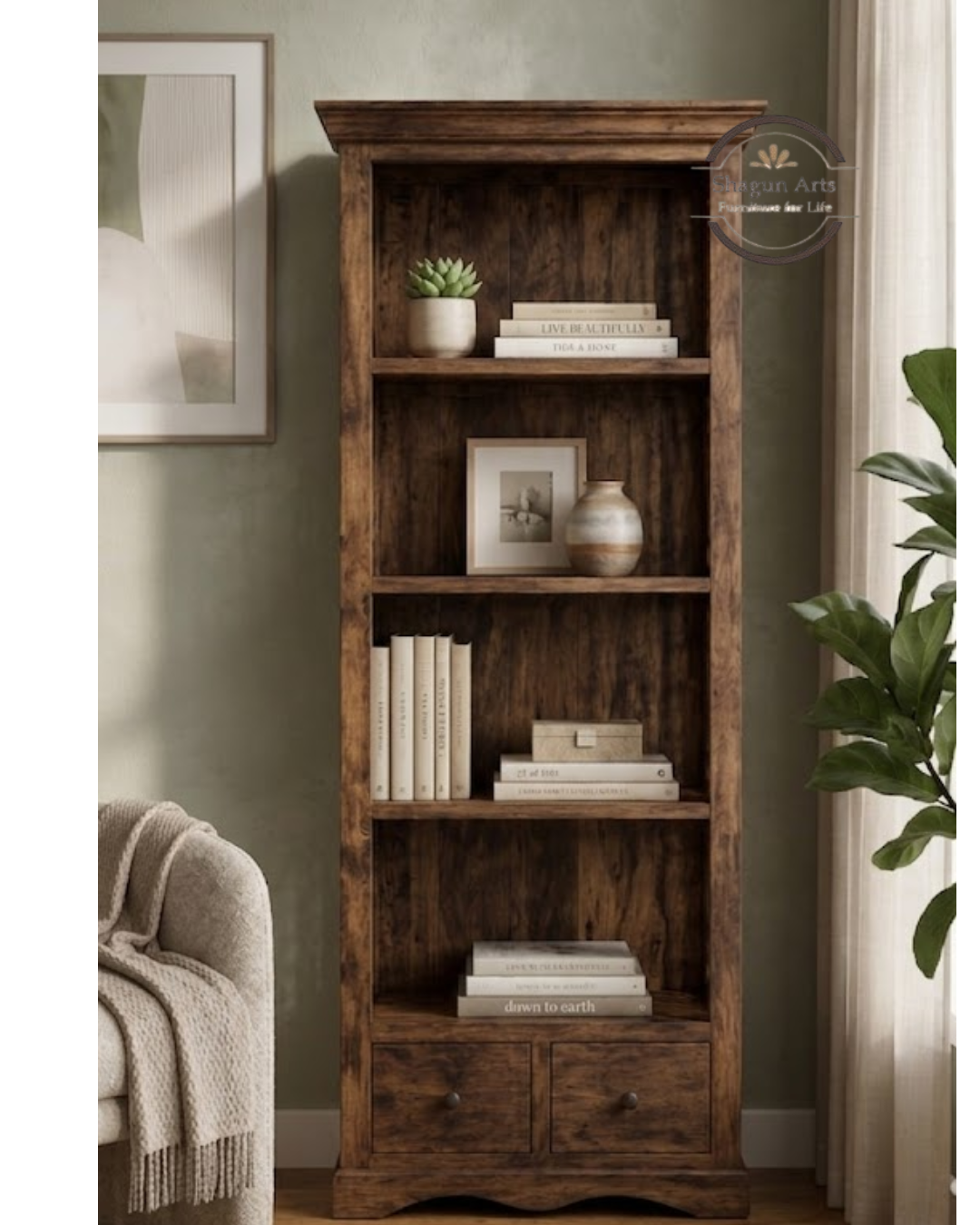 Emerson Solid Wood Bookshelf with 4 Open Shelves and 2 Bottom Drawers In Provencial Teak Finish