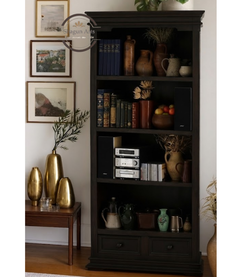 Coleman Solid Sheesham Wood Bookshelf with 4 Open Shelves and 2 Bottom Drawers In Honey Oak Finish