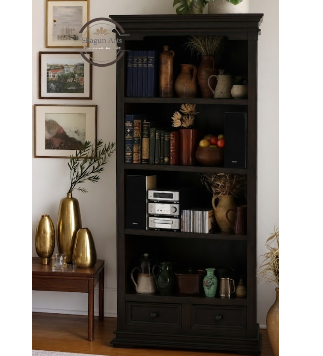 Coleman Solid Sheesham Wood Bookshelf with 4 Open Shelves and 2 Bottom Drawers In Honey Oak Finish