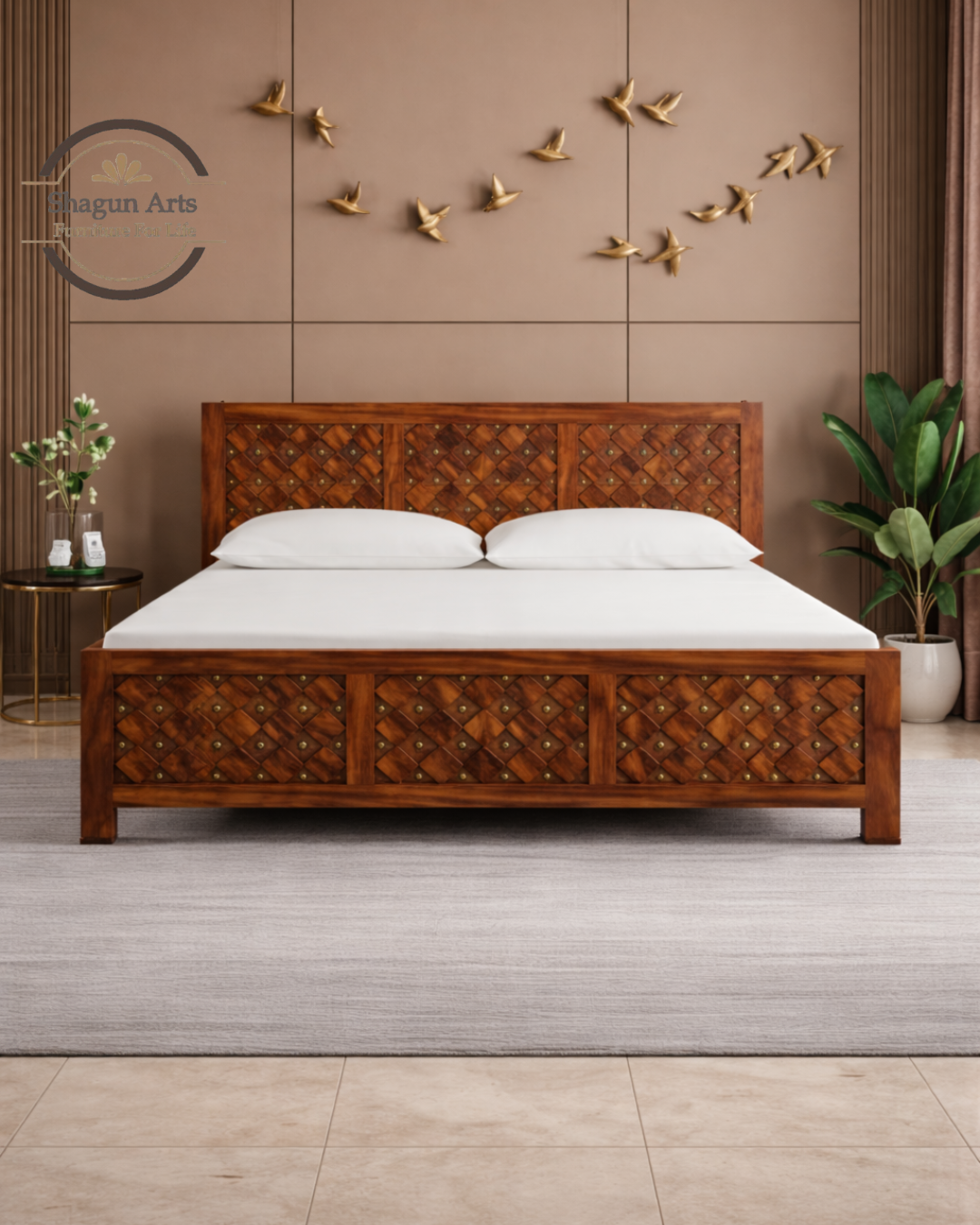 Giselle Solid Sheesham Wood King Size Bed in Honey Oak Finish