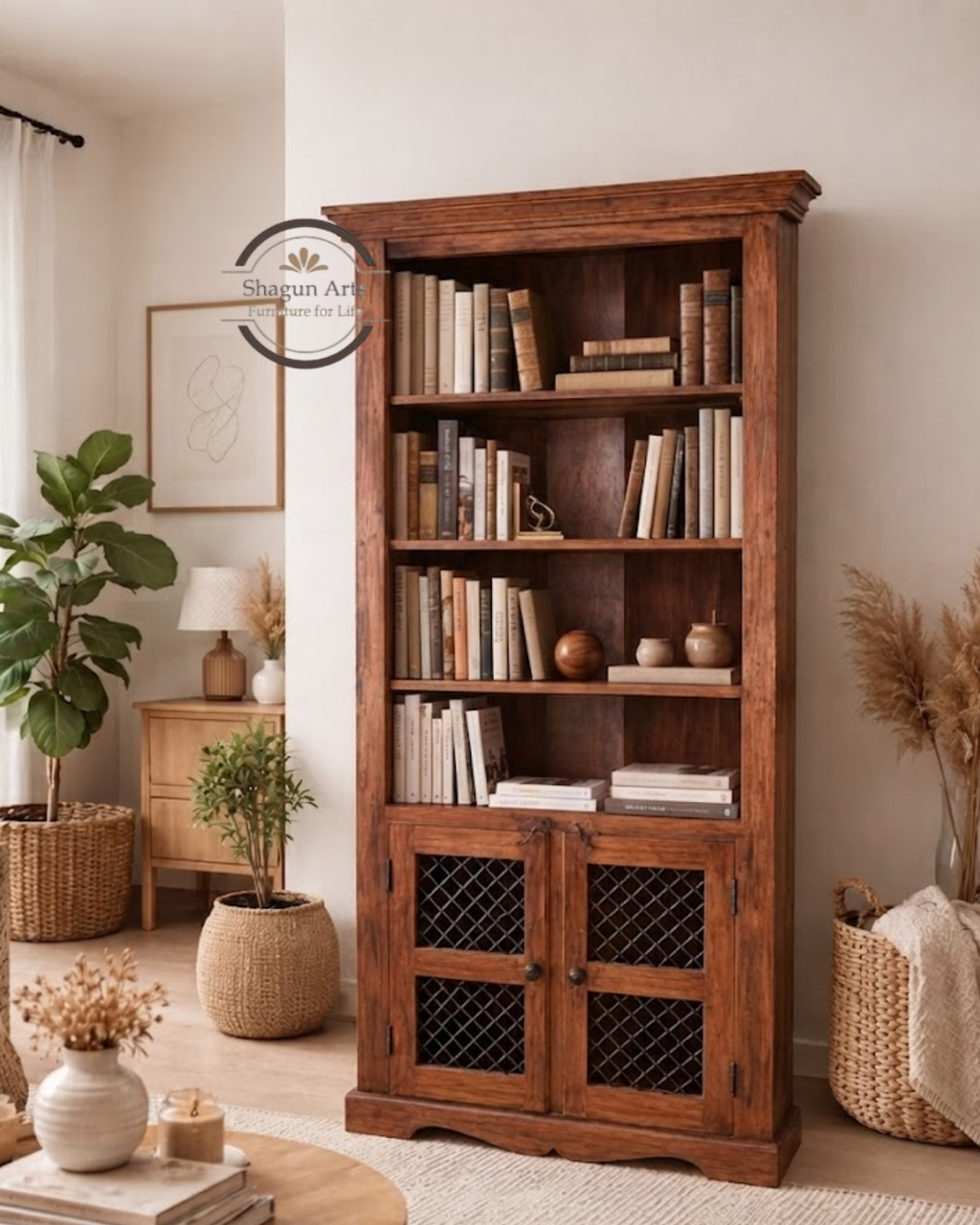 Essex Solid Sheesham Wood  Bookshelf with 2 Mesh-Door Cabinets In Honey Oak Finish