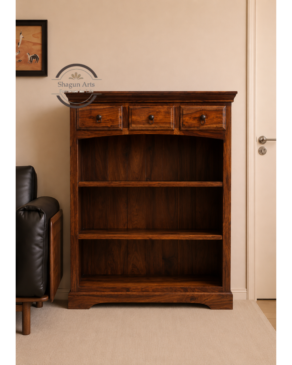 Gower Solid Sheesham Wood Bookshelf with 3 Drawers Book Shelf In Natural Brown Finish