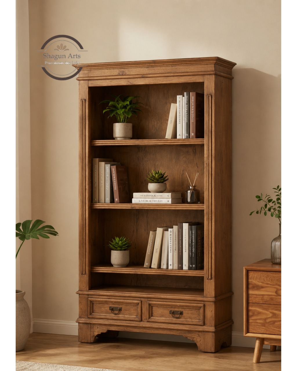 Hagborg Solid Sheesham Wood Book Shelf With 2 Drawers In Natural Brown Finish