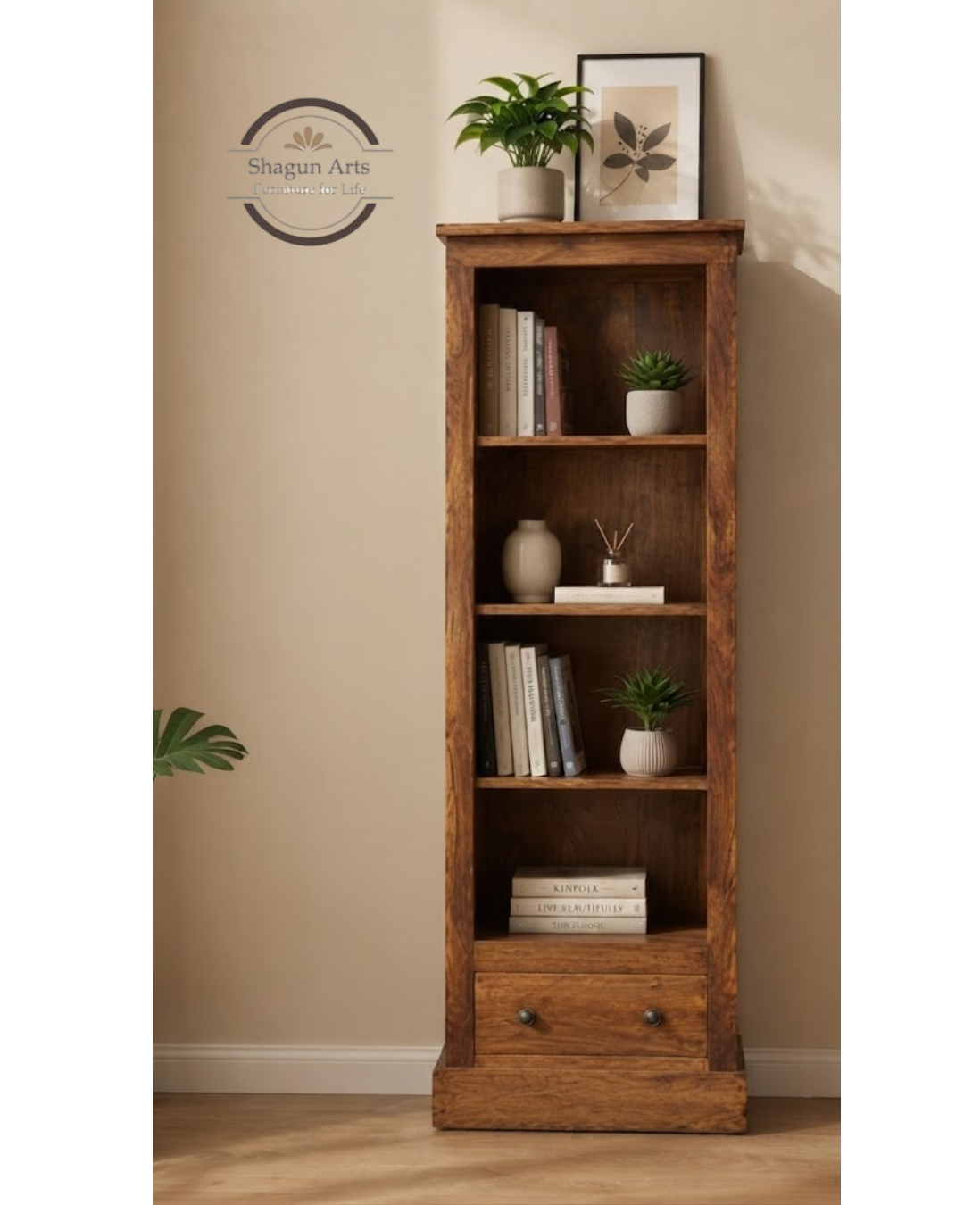 Segur Solid Sheesham Wood Bookshelf with Drawers In Natural Brown Finish