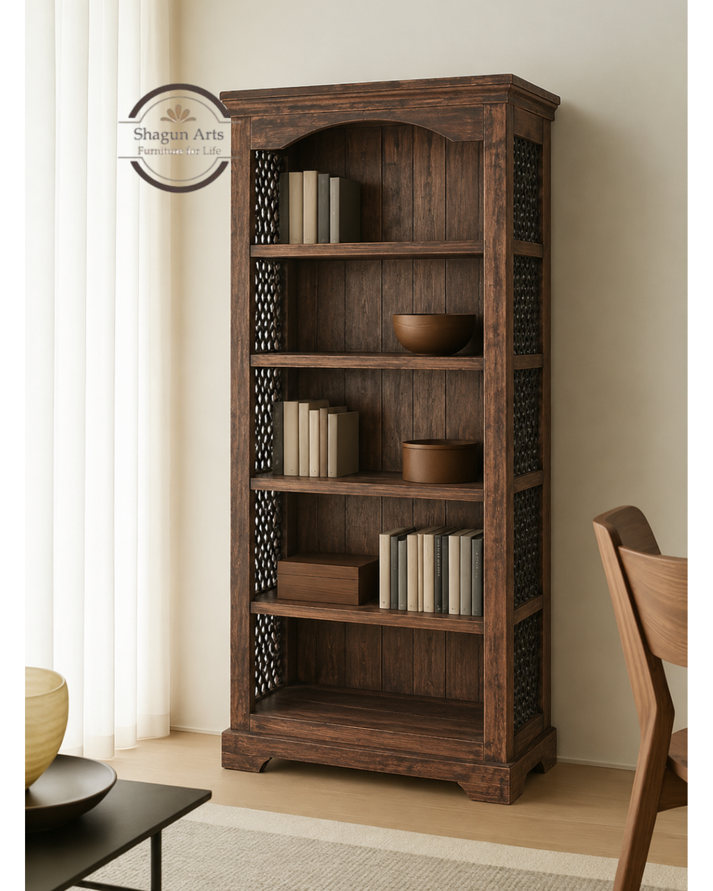 Stanfield Solid Sheesham Wood 5-Shelf Bookshelf with Decorative Sides In Honey Oak Finish