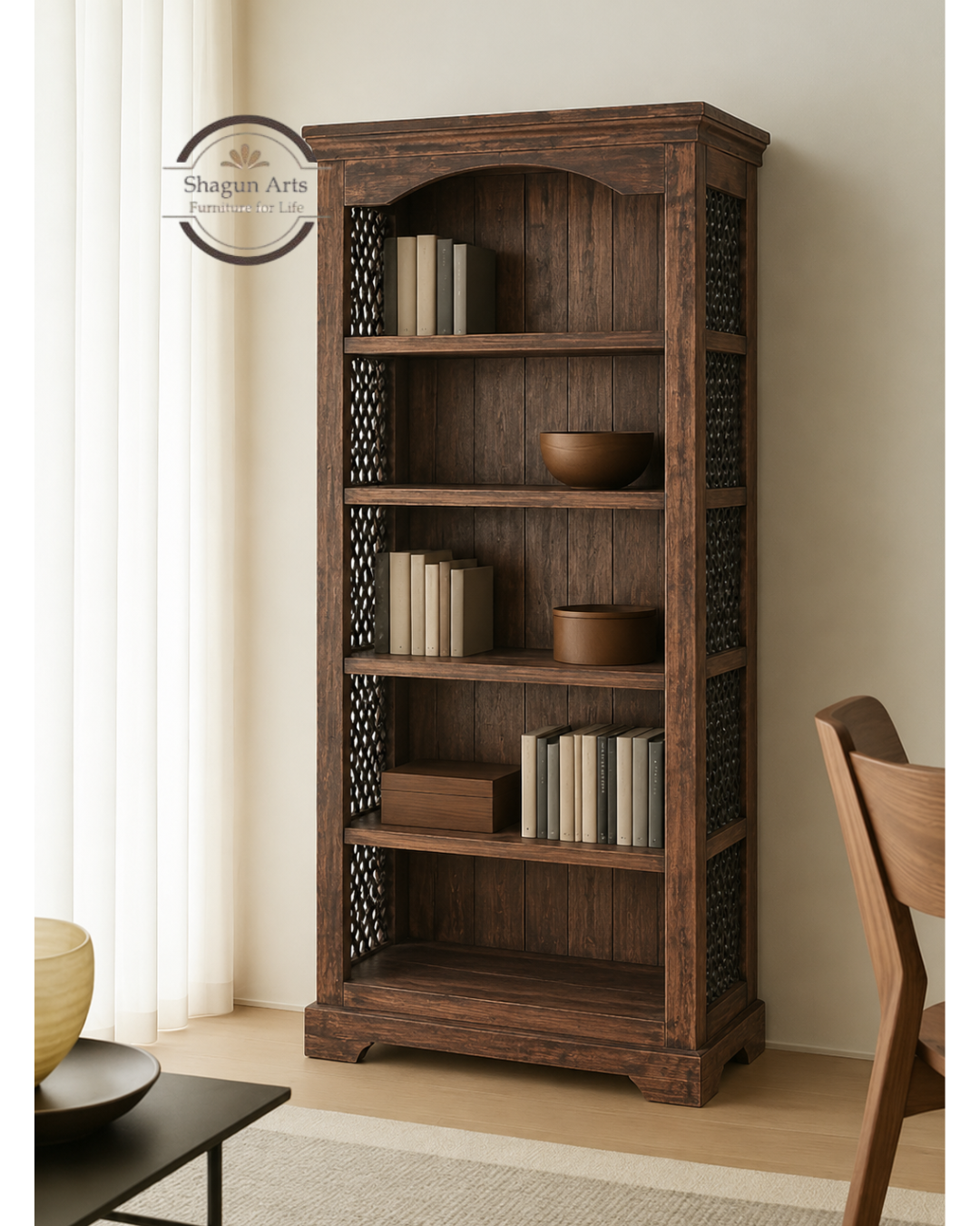 Stanfield Solid Sheesham Wood 5-Shelf Bookshelf with Decorative Sides In Honey Oak Finish