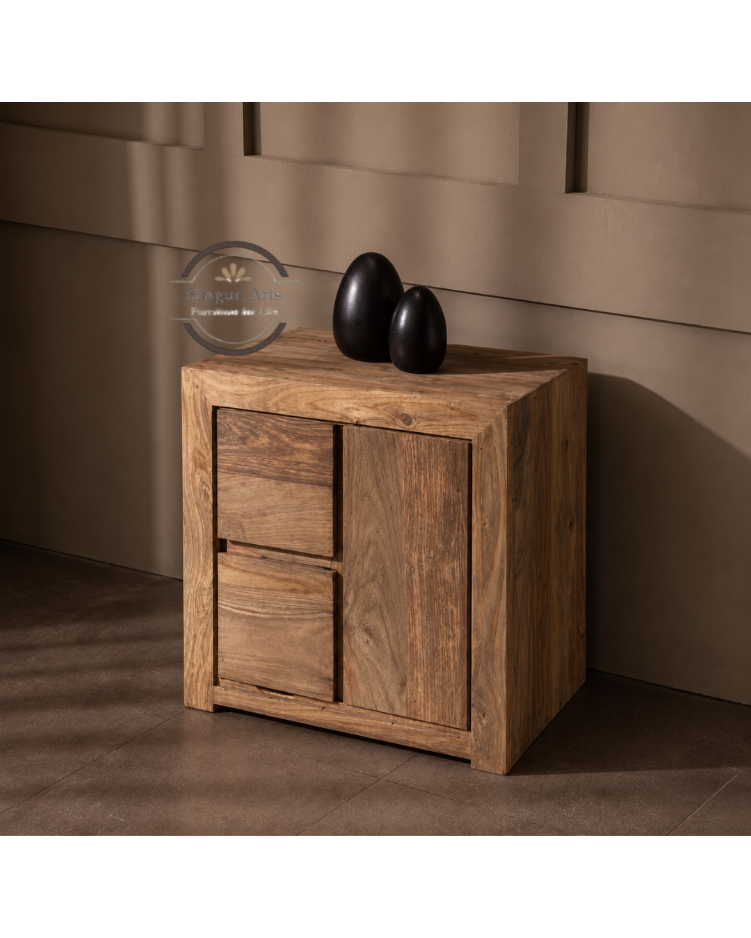 Tapan Solid Sheesham Wood Bedside Table with Spacious Drawer and Spacious Cabinet In Natural Brown Finish