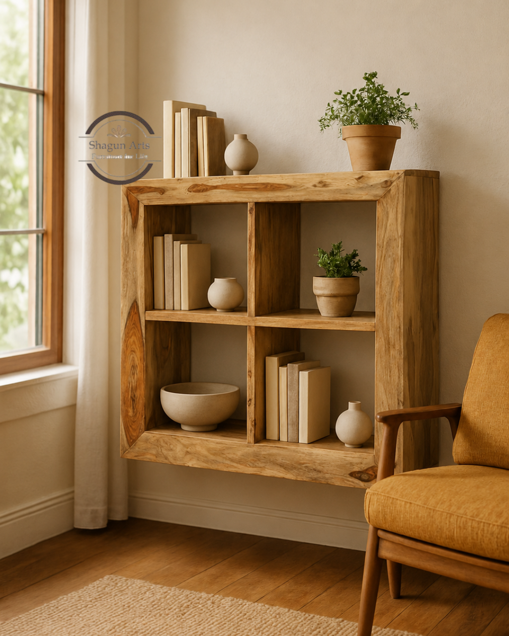 Enkel Solid Sheesham Wood 4-Compartment Bookshelf In Natural Brown Finish