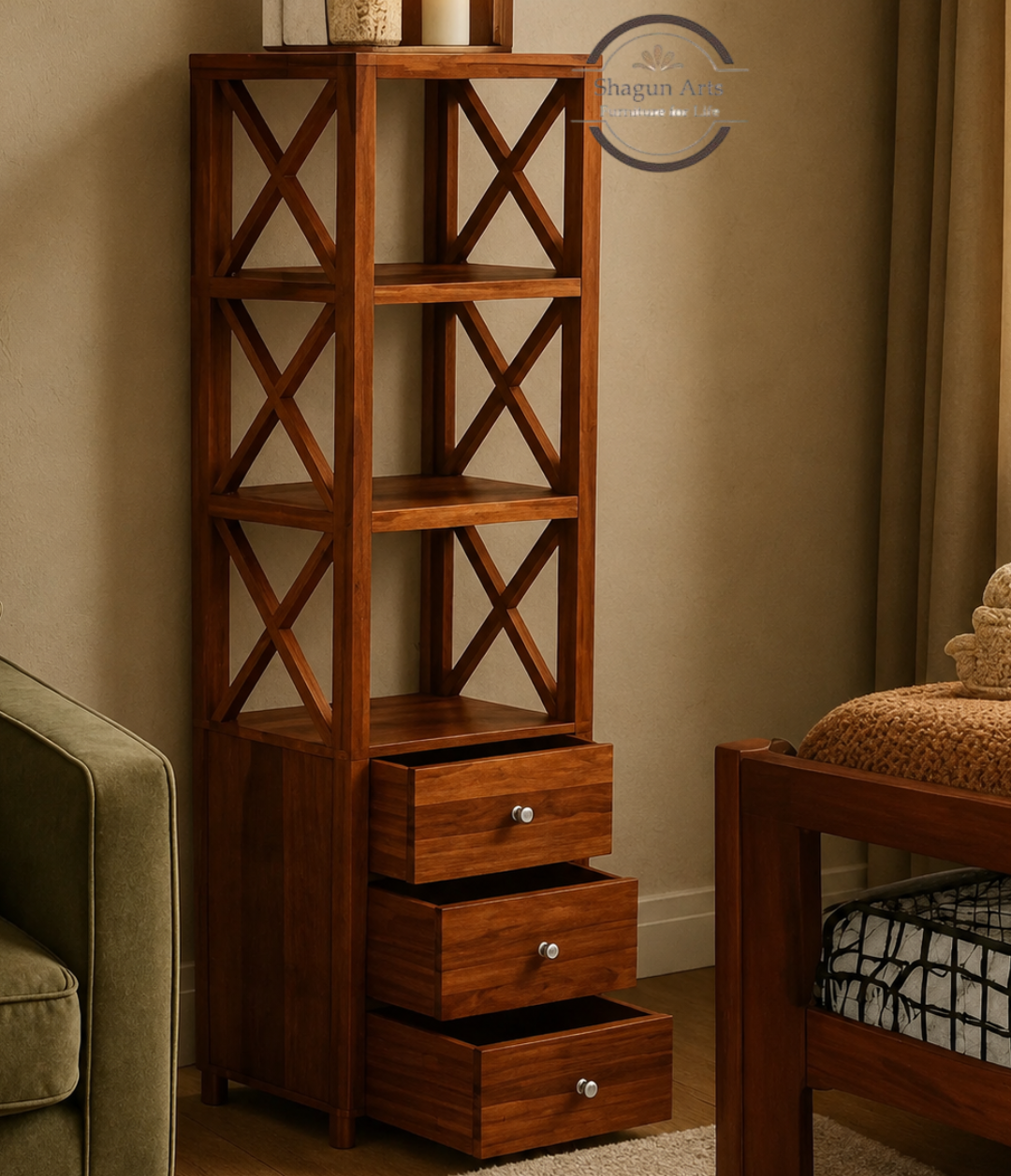 Hestia Solid Sheesham Wood Open Display Rack And Drawers