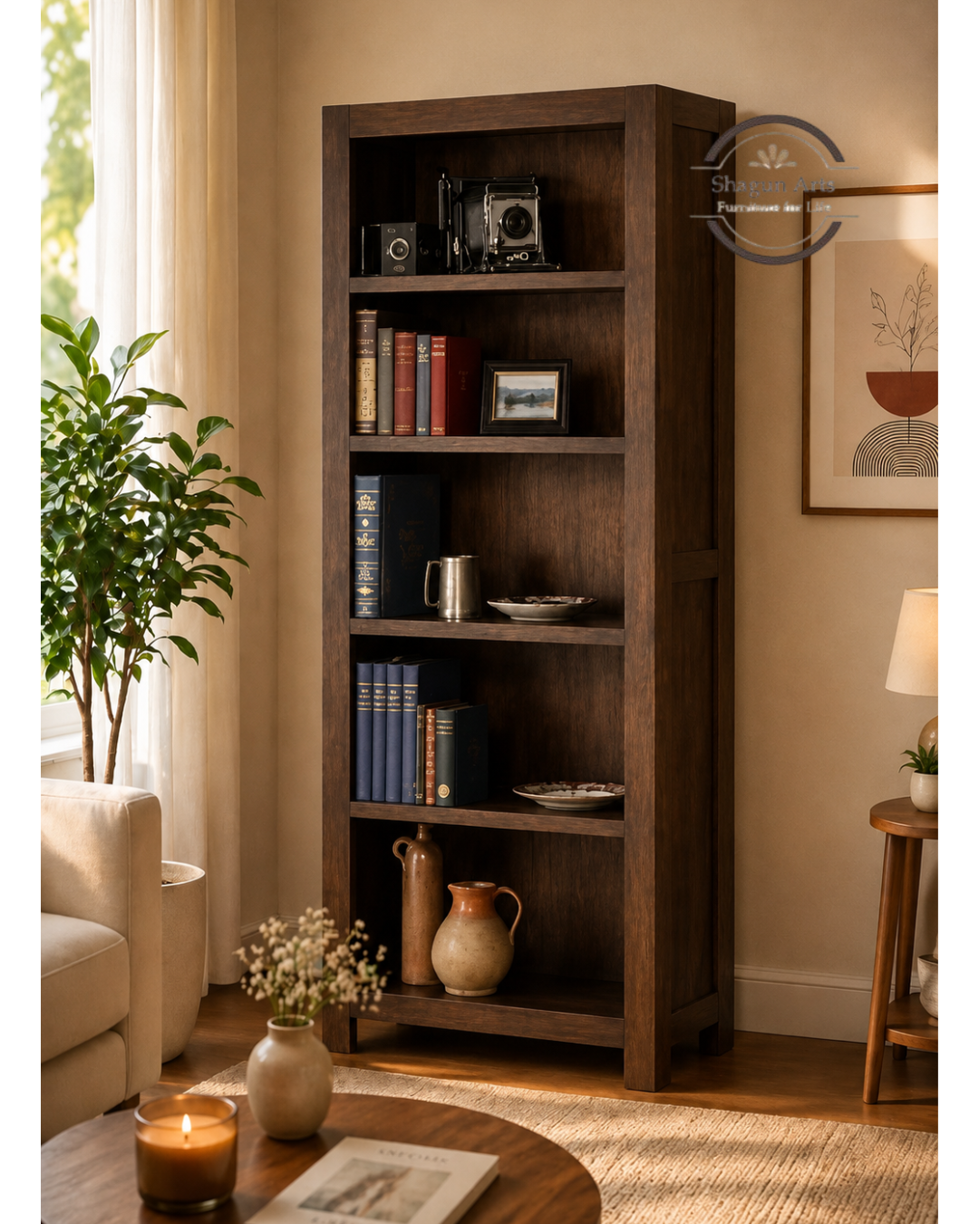 Emerson Solid Sheesham Wood 5-Tier Open Book Shelf In Honey Oak Finish