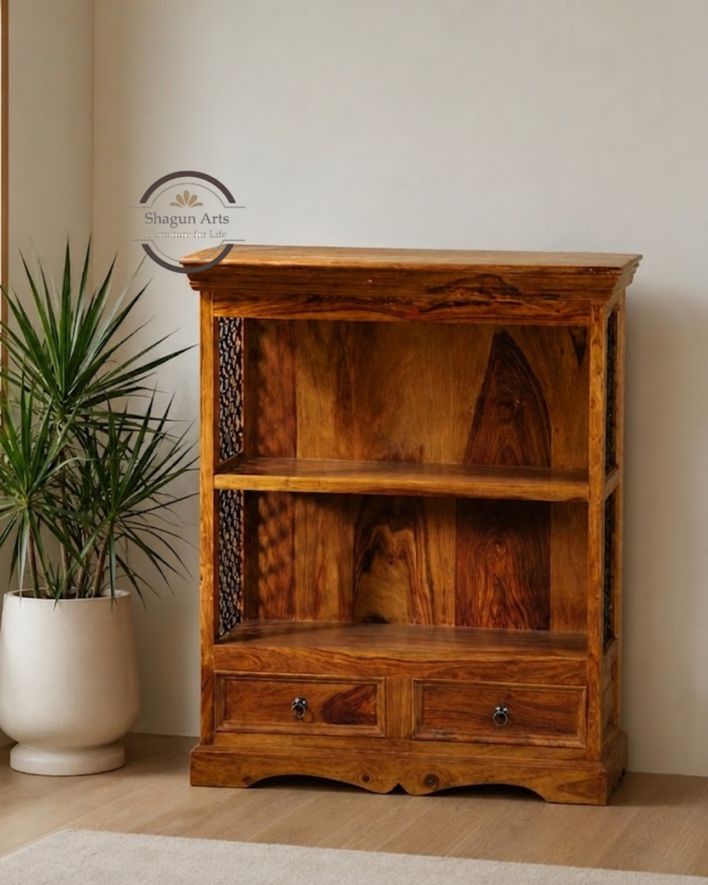 Gower Solid Sheesham Wood 2-Shelf Bookshelf with Drawers