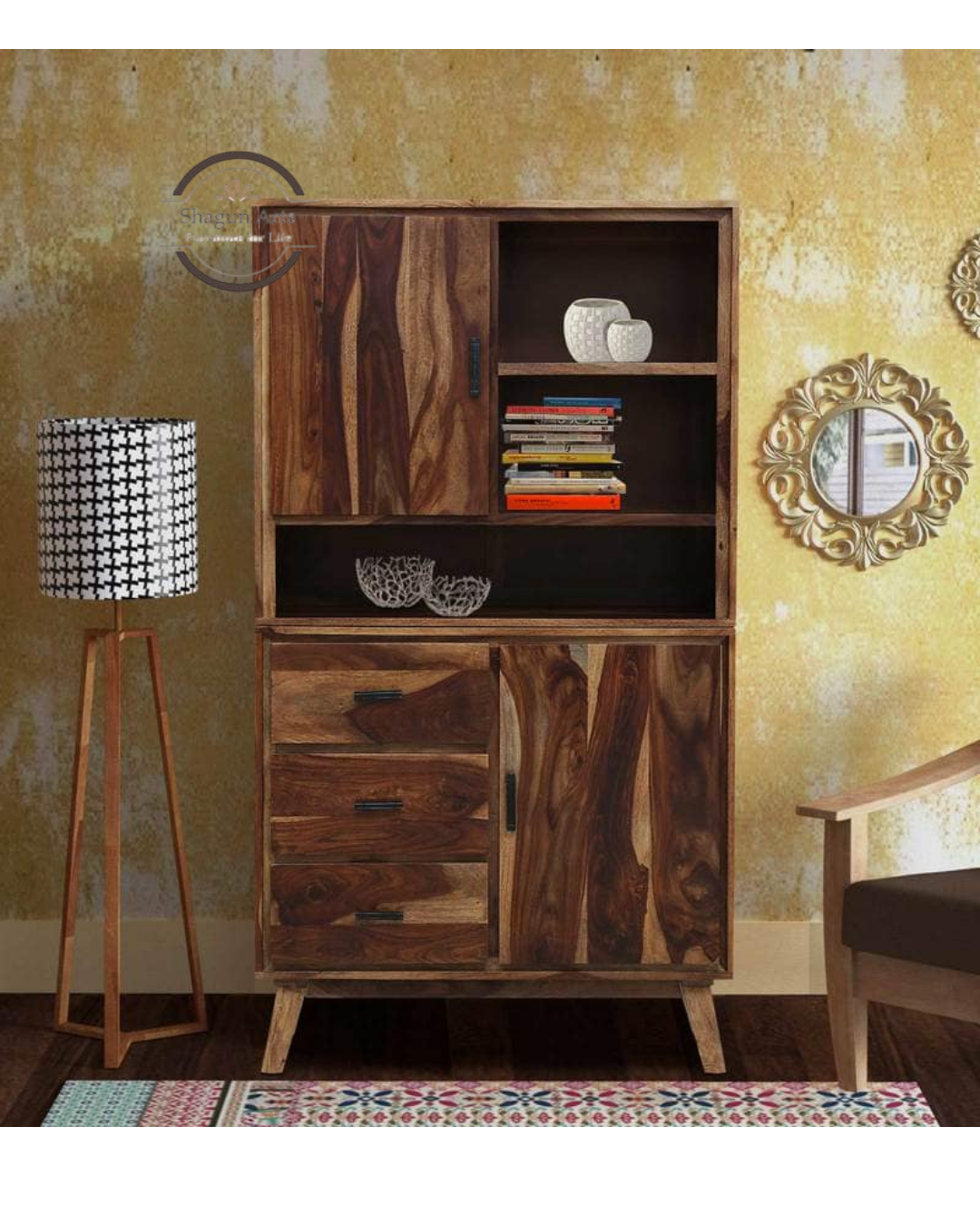 Portus Solid Sheesham Wood Multi-Storage Cabinet with Shelves, Drawers & Door In Rustic Teak Finish