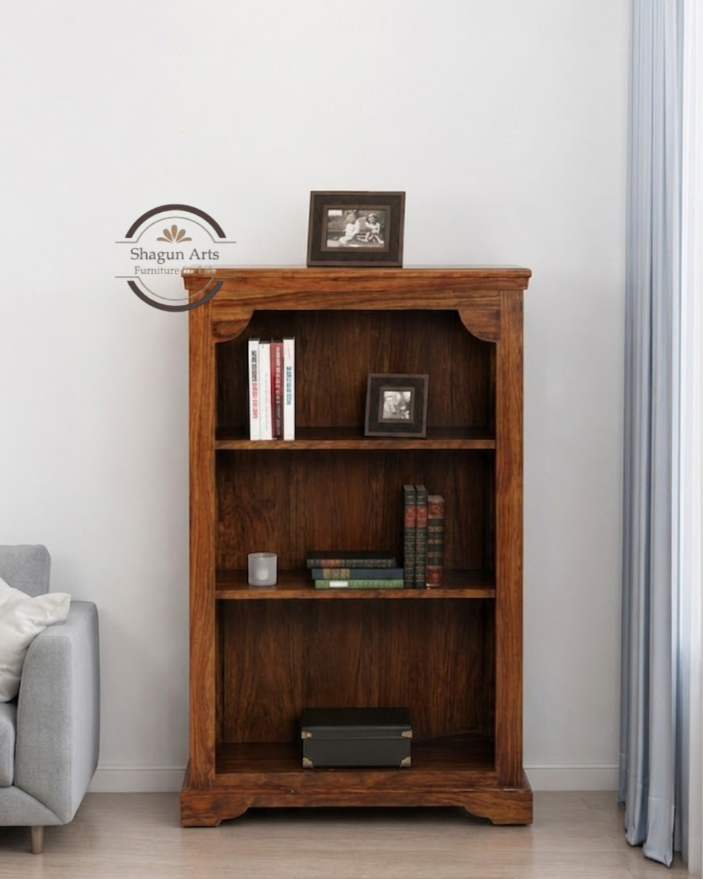 Stigen Solid Sheesham Wood Bookshelf with Decorative Jali Side Panels In Honey Oak Finish